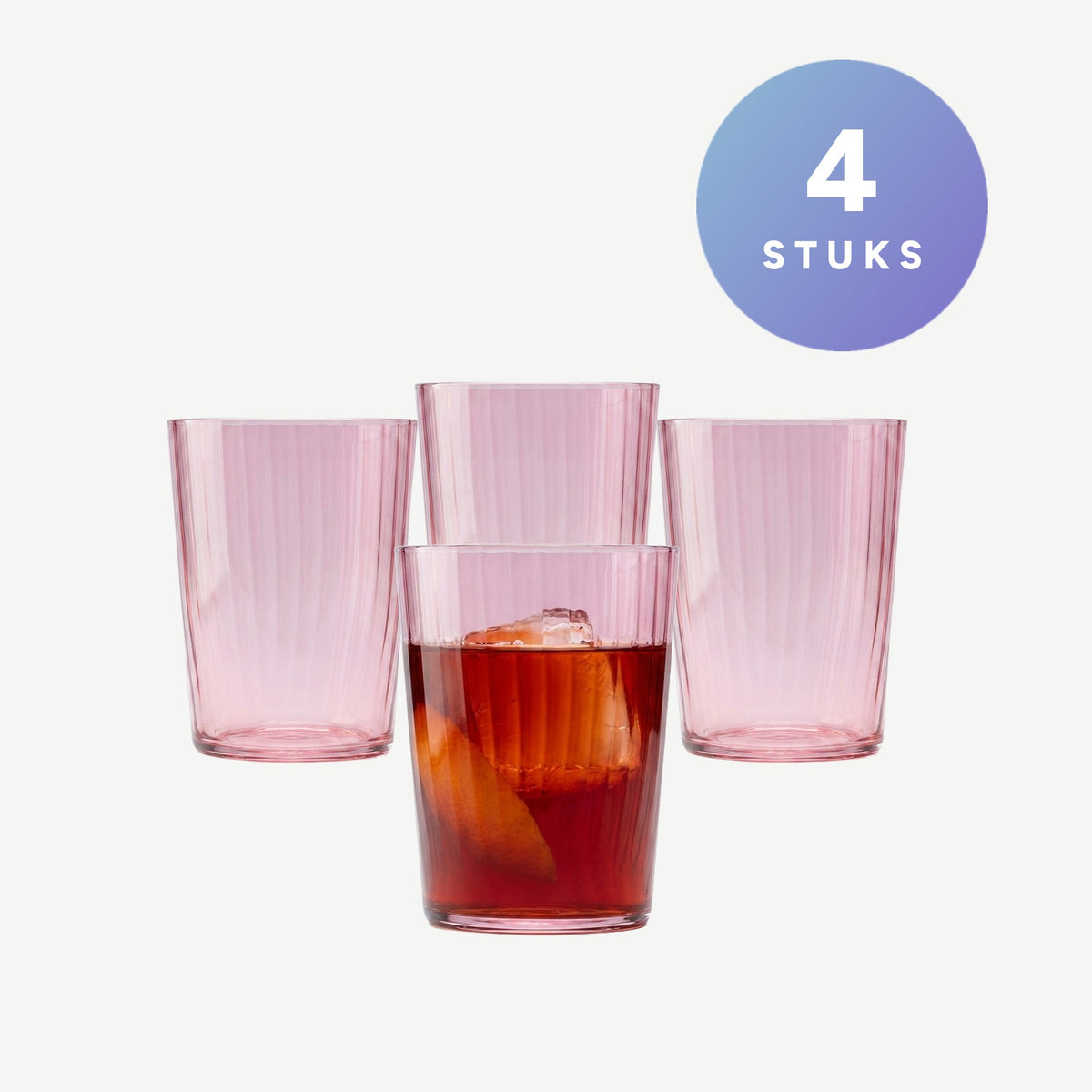 Set van 4 roze L.S.A. Gems tumblers van 56 cl, een glas gevuld met een koude drank