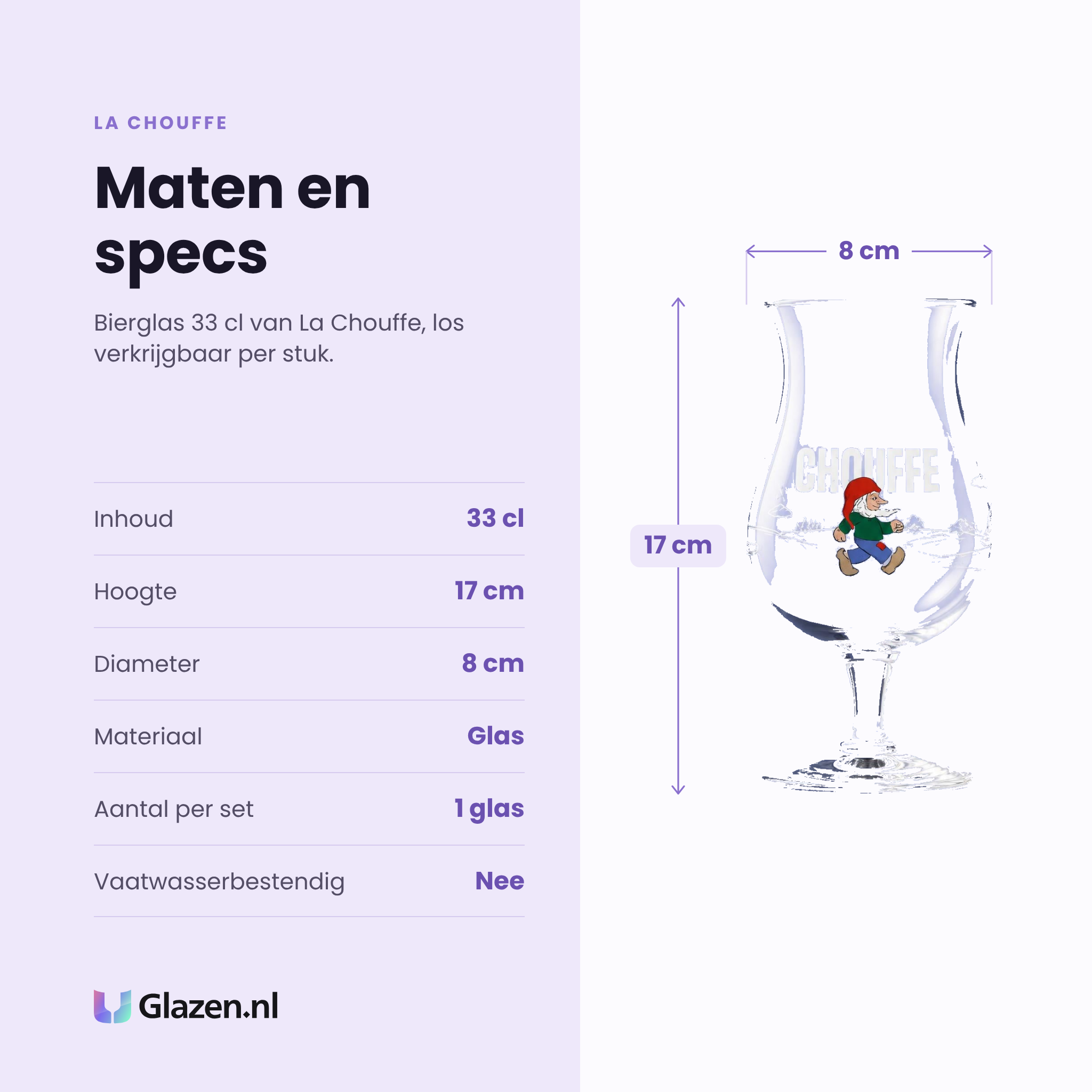 La Chouffe bierglas 33 cl specificaties: inhoud 33 cl, hoogte 17 cm, diameter 8 cm, glas, los per stuk