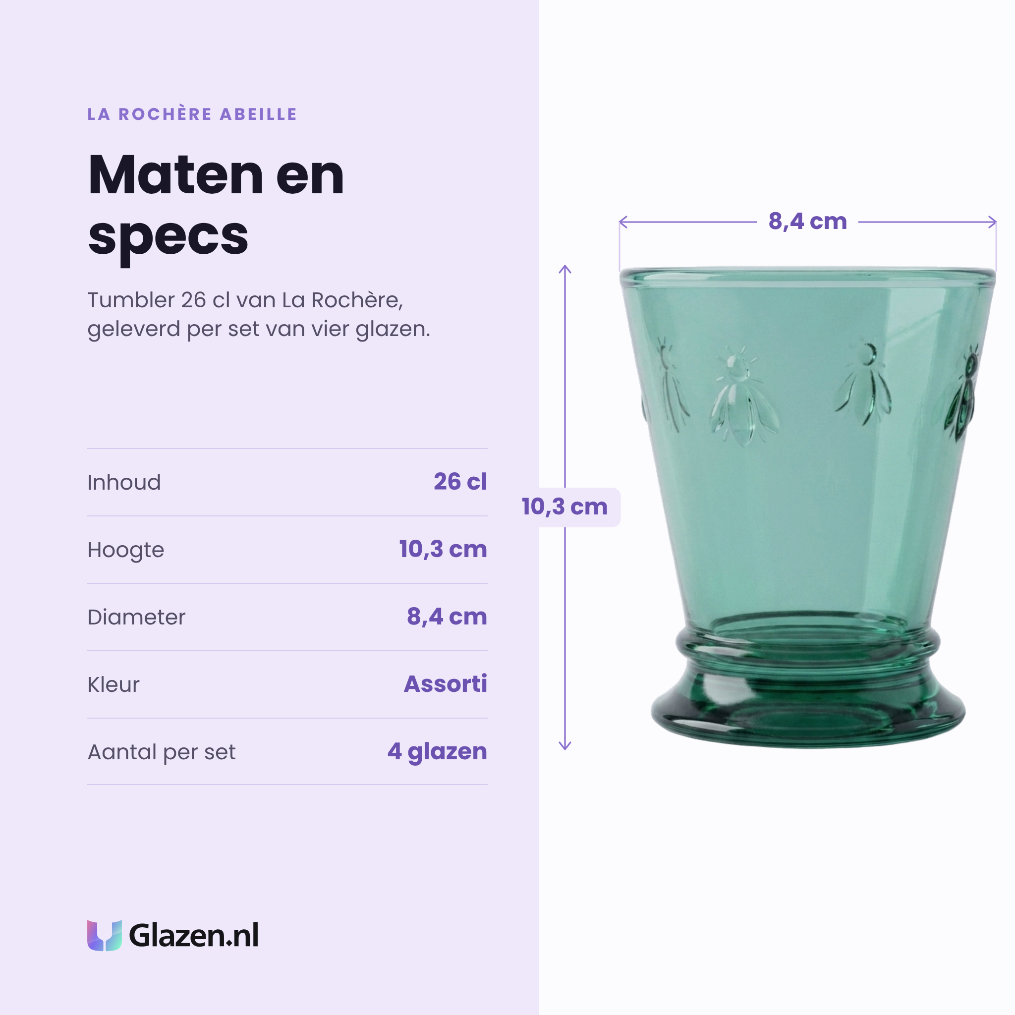 La Rochère Abeille tumbler 26 cl specificaties: inhoud 26 cl, hoogte 10,3 cm, diameter 8,4 cm, assorti, set van 4