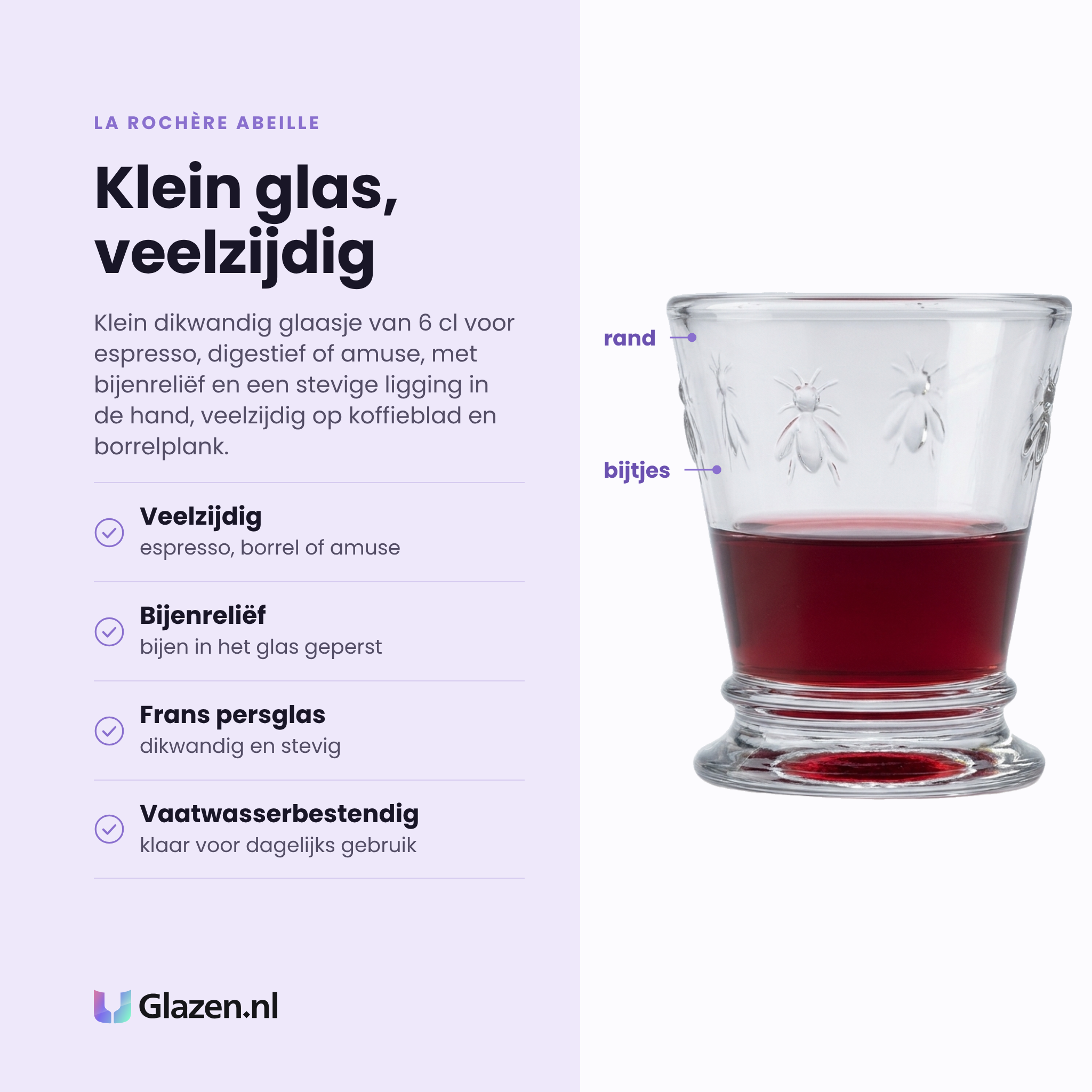 La Rochère Abeille tumbler 6 cl eigenschappen: veelzijdig voor espresso, borrel of amuse, bijenreliëf, frans persglas, vaatwasserbestendig