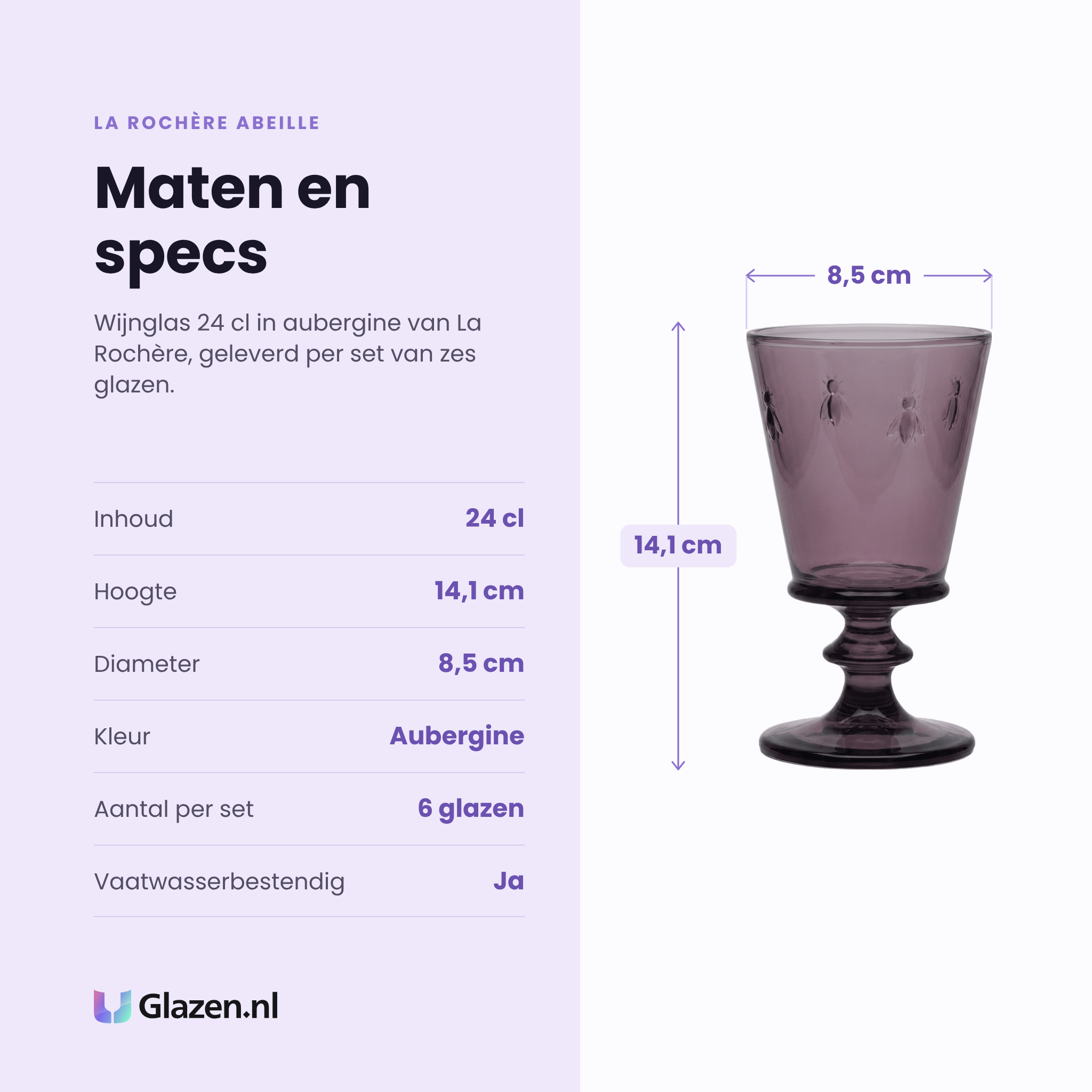 La Rochère Abeille wijnglas 24 cl aubergine specificaties: inhoud 24 cl, hoogte 14,1 cm, diameter 8,5 cm, kleur aubergine, set van 6
