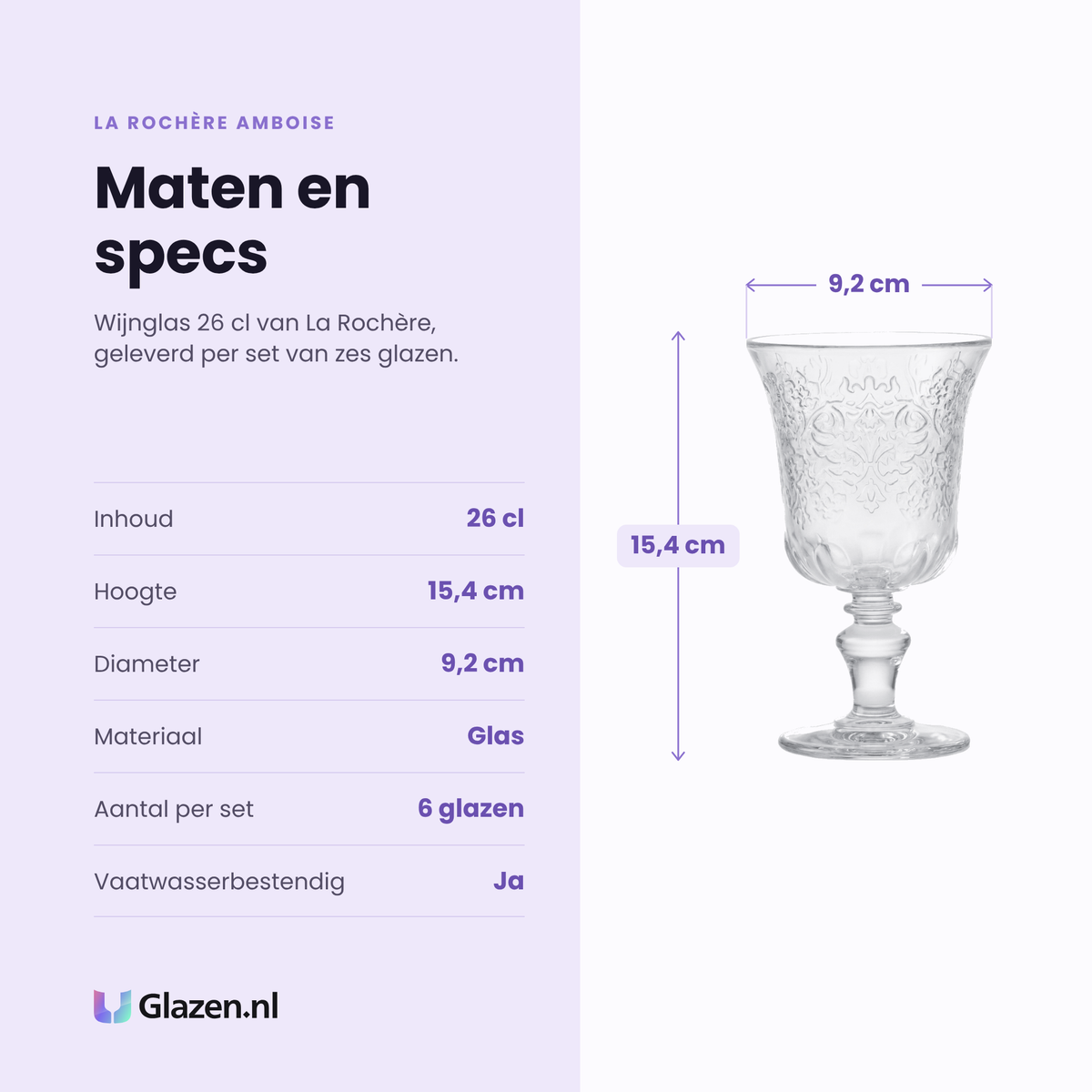 La Rochère Amboise wijnglas 26 cl specificaties: inhoud 26 cl, hoogte 15,4 cm, diameter 9,2 cm, glas, set van 6