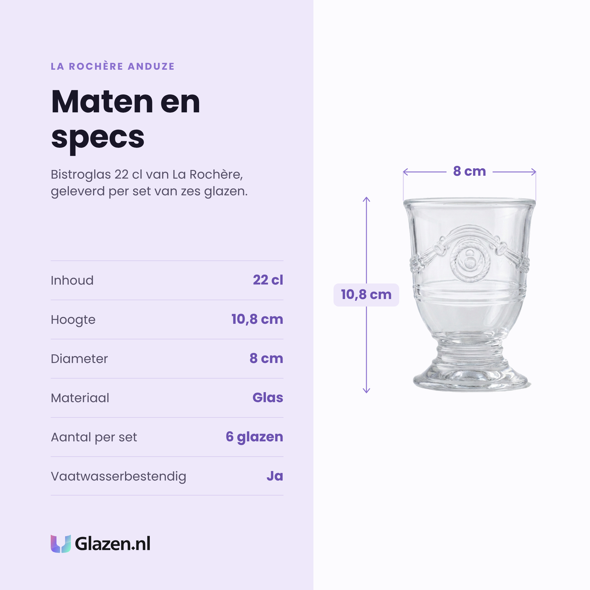 La Rochère Anduze bistroglas 22 cl specificaties: inhoud 22 cl, hoogte 10,8 cm, diameter 8 cm, glas, set van 6