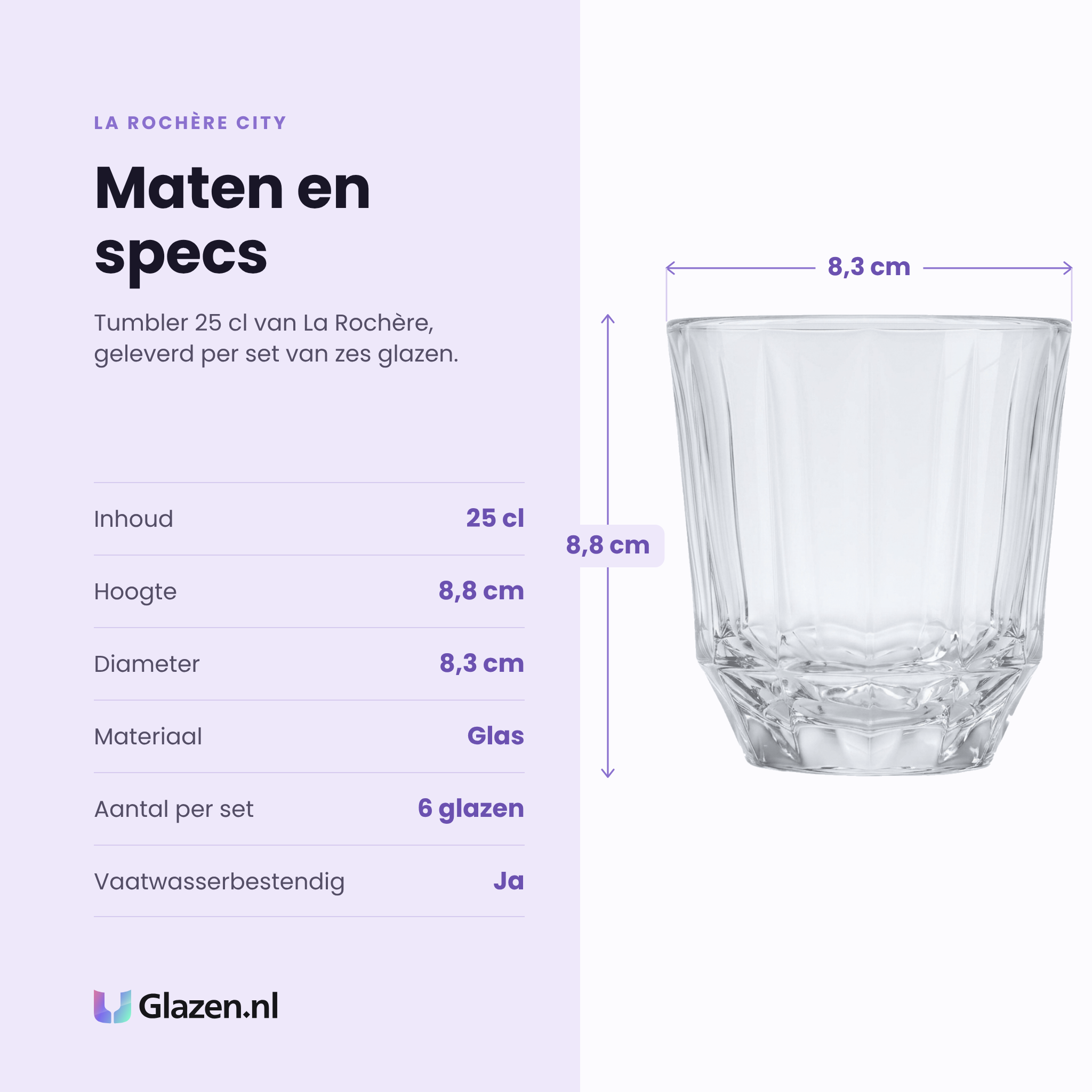 La Rochère City tumbler 25 cl specificaties: inhoud 25 cl, hoogte 8,8 cm, diameter 8,3 cm, glas, set van 6