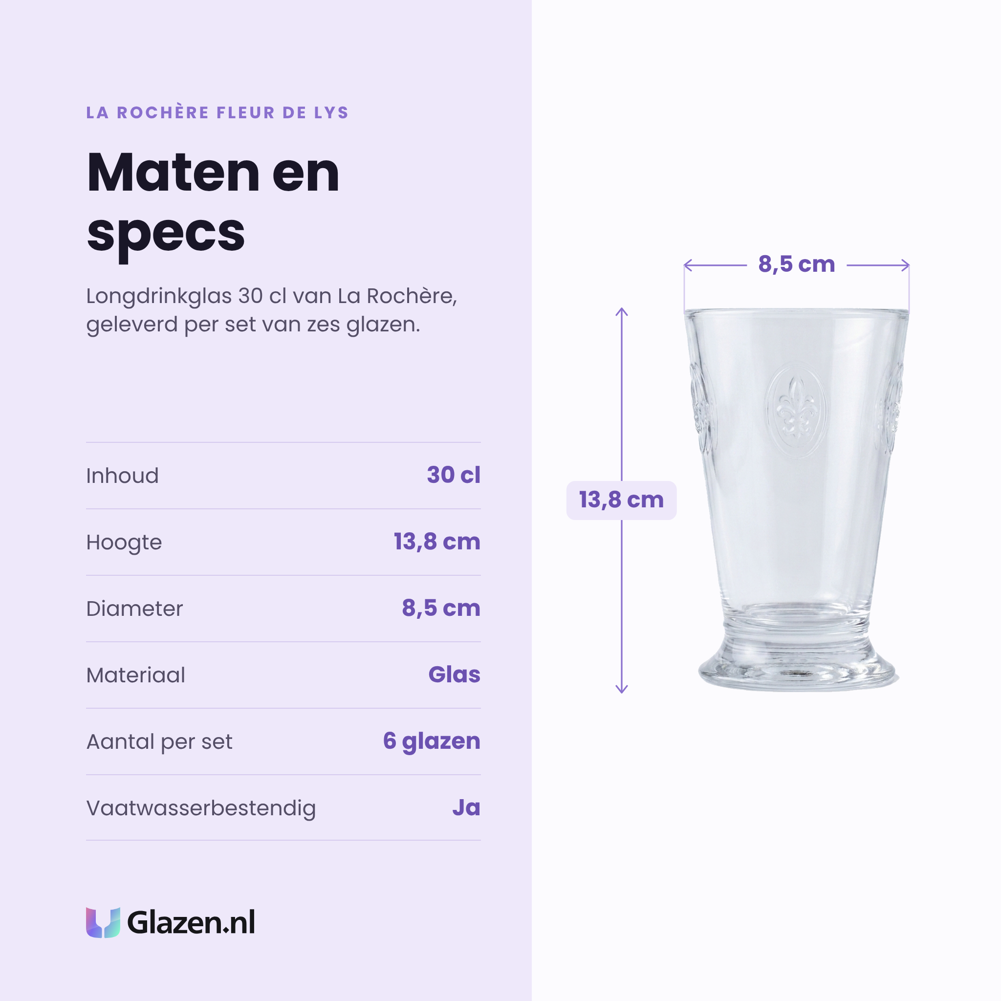 La Rochère Fleur De Lys longdrinkglas 30 cl specificaties: inhoud 30 cl, hoogte 13,8 cm, diameter 8,5 cm, glas, set van 6