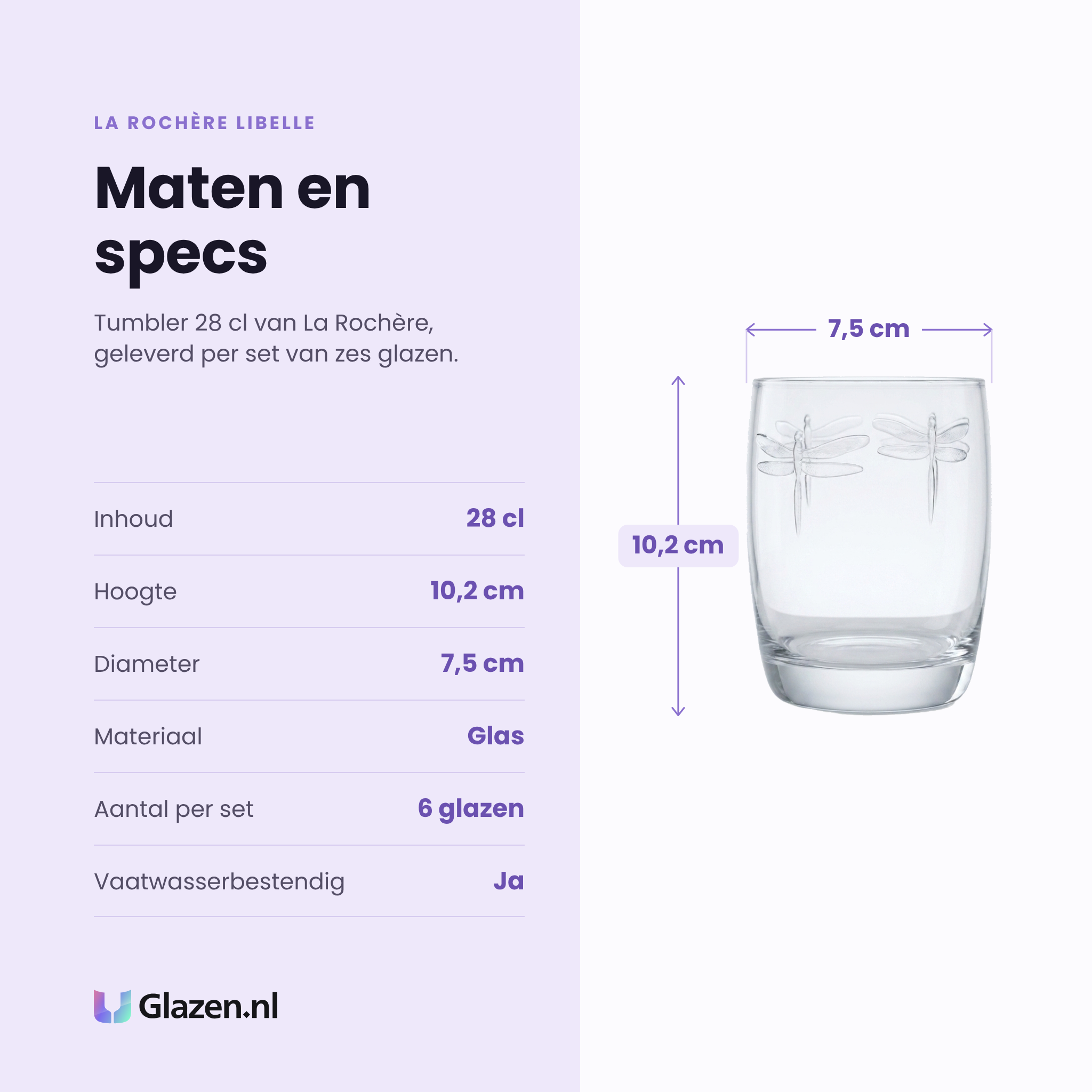 La Rochère Libelle tumbler 28 cl specificaties: inhoud 28 cl, hoogte 10,2 cm, diameter 7,5 cm, glas, set van 6