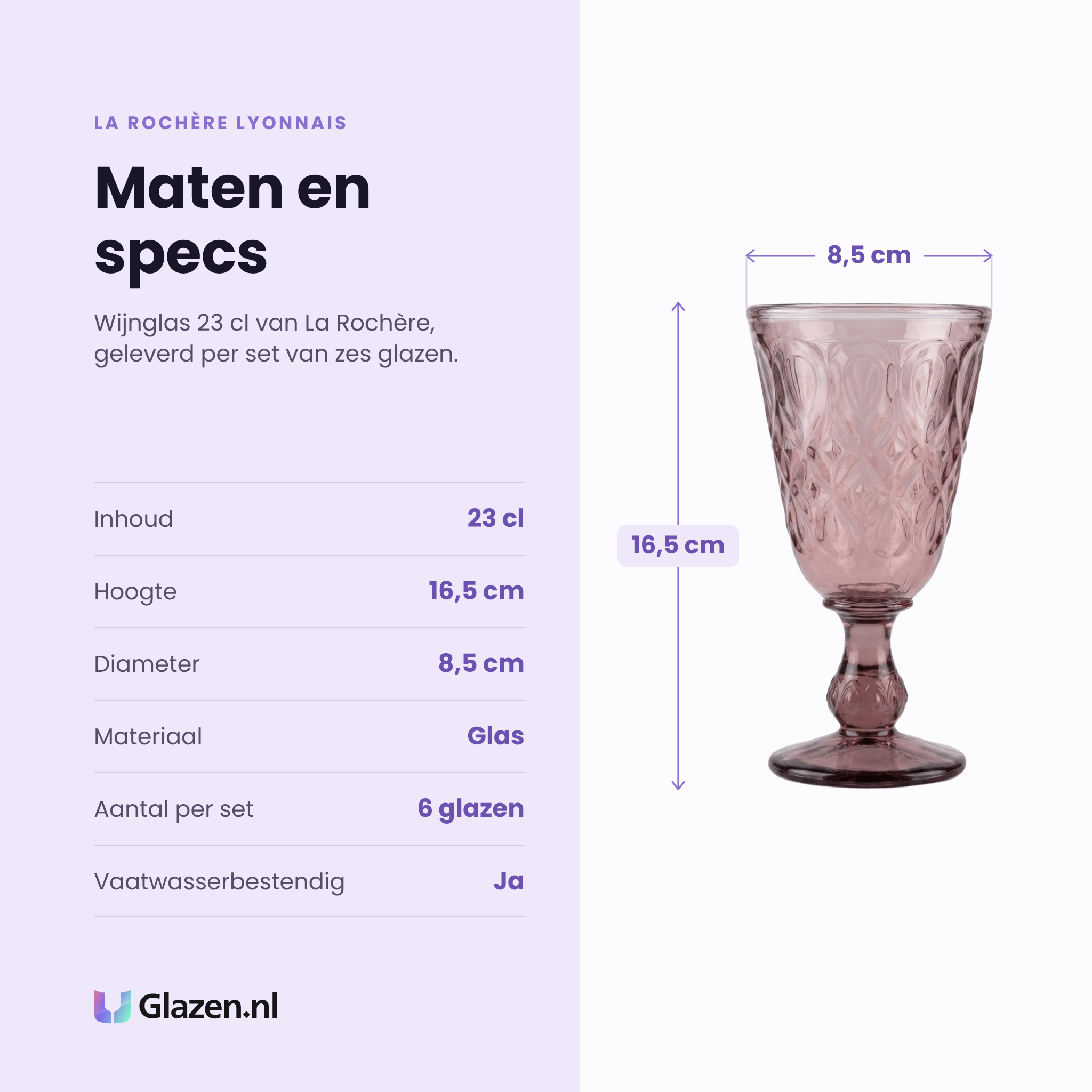 La Rochère Lyonnais wijnglas 23 cl specificaties: inhoud 23 cl, hoogte 16,5 cm, diameter 8,5 cm, glas, set van 6