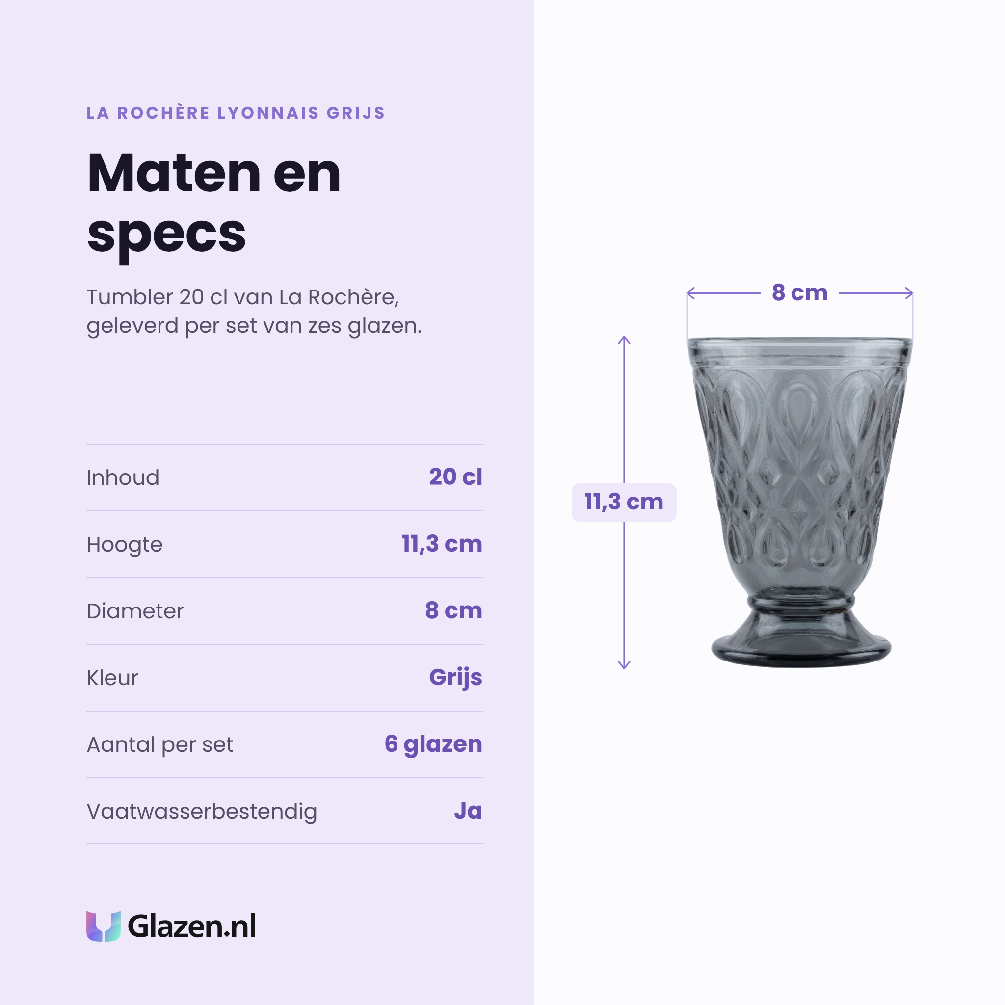 La Rochère Lyonnais tumbler 20 cl grijs specificaties: inhoud 20 cl, hoogte 11,3 cm, diameter 8 cm, grijs, set van 6