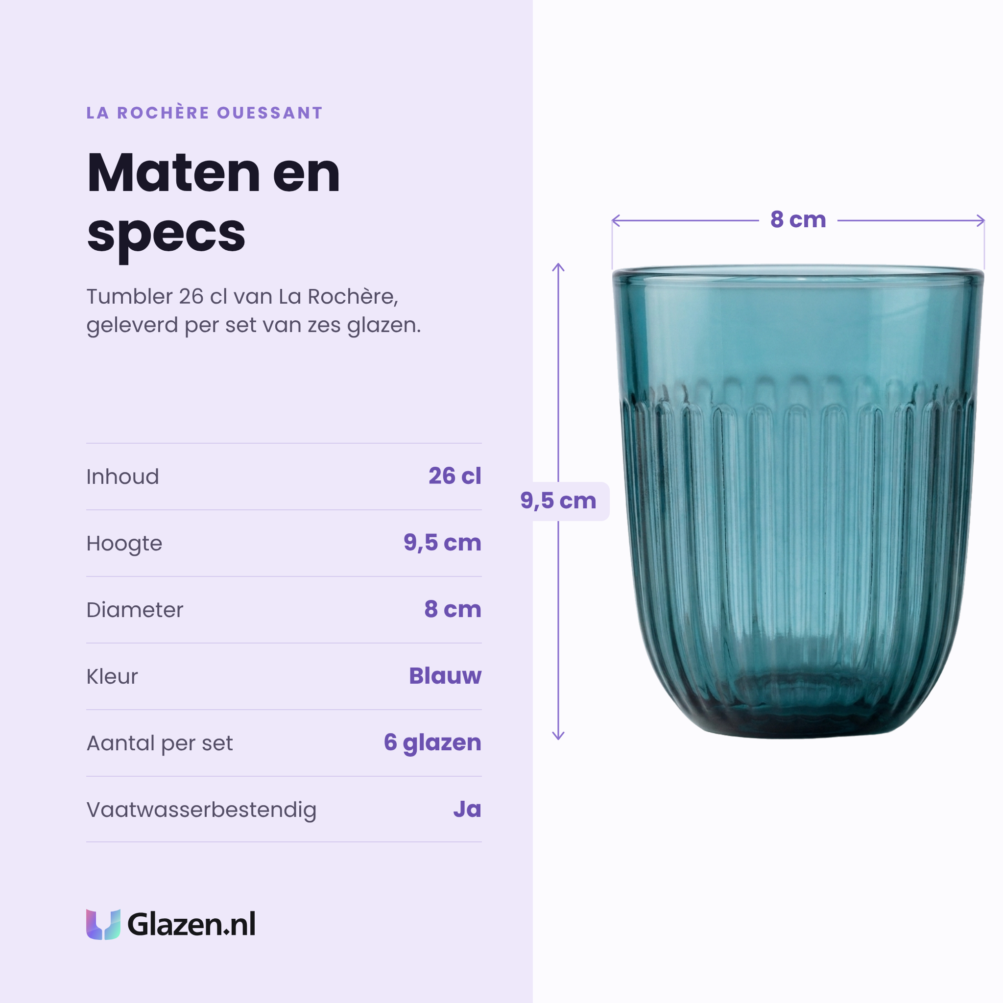 La Rochère Ouessant tumbler 26 cl specificaties: inhoud 26 cl, hoogte 9,5 cm, diameter 8 cm, blauw glas, set van 6