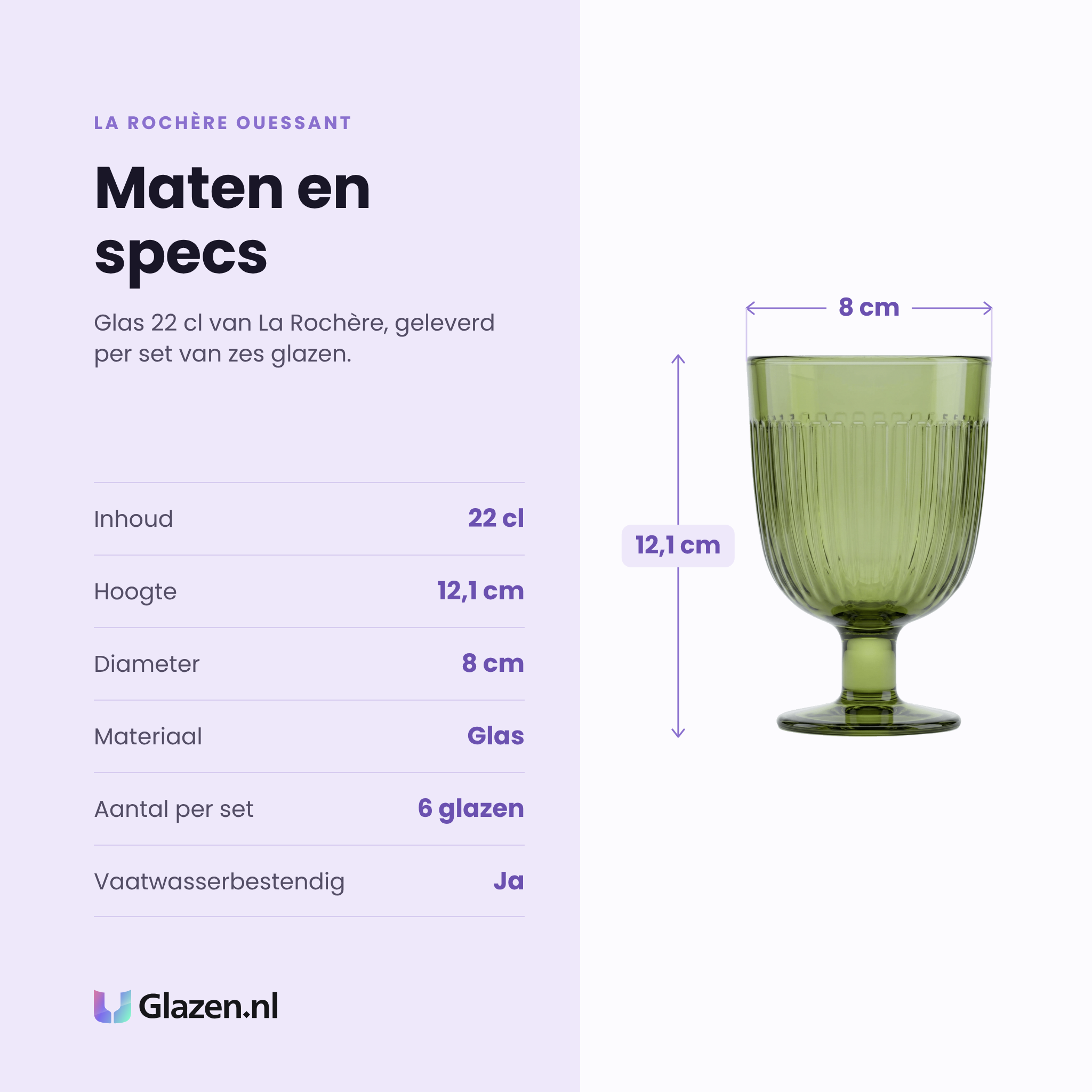 La Rochère Ouessant glas 22 cl olijfgroen specificaties: inhoud 22 cl, hoogte 12,1 cm, diameter 8 cm, glas, set van 6