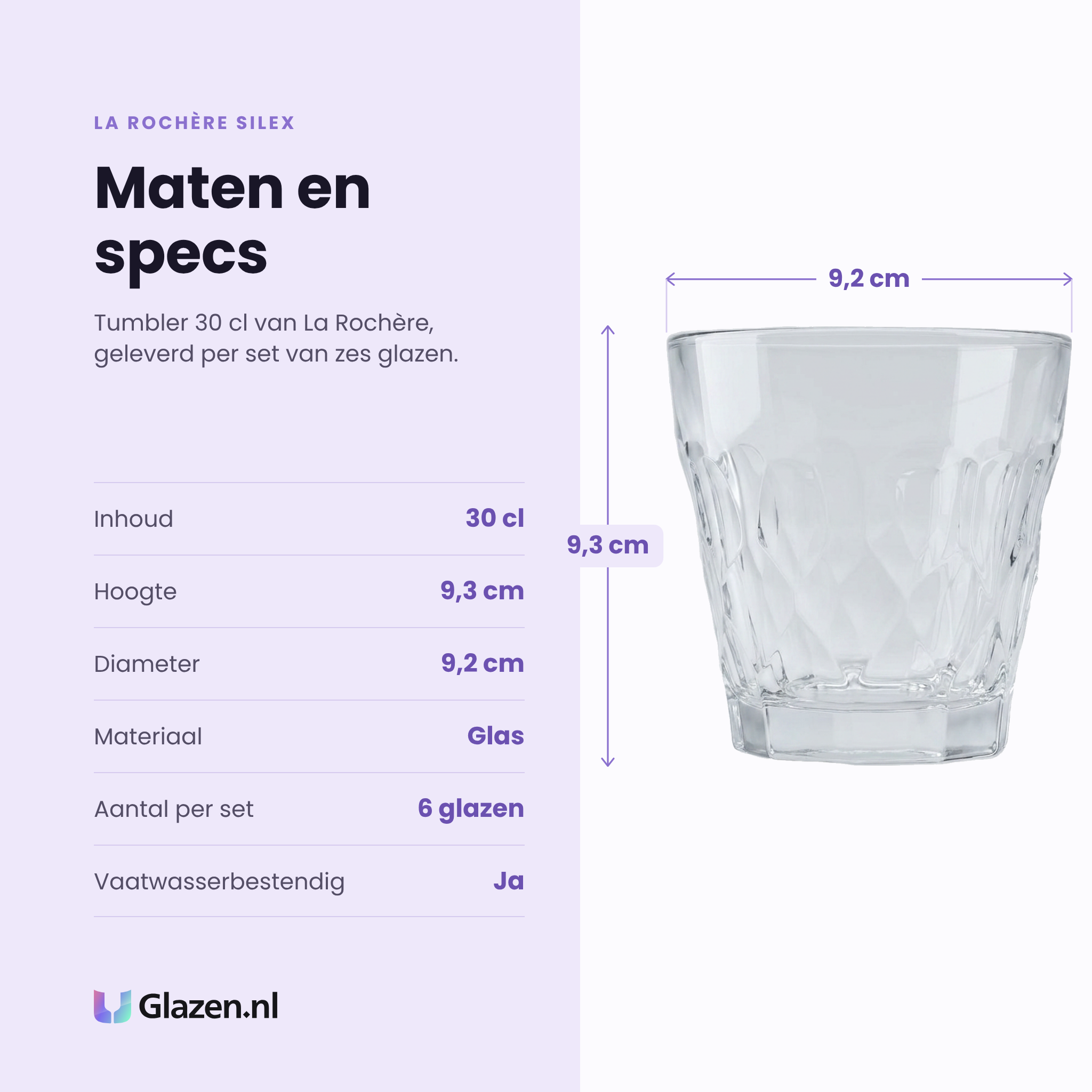 La Rochère Silex tumbler 30 cl specificaties: inhoud 30 cl, hoogte 9,3 cm, diameter 9,2 cm, glas, set van 6