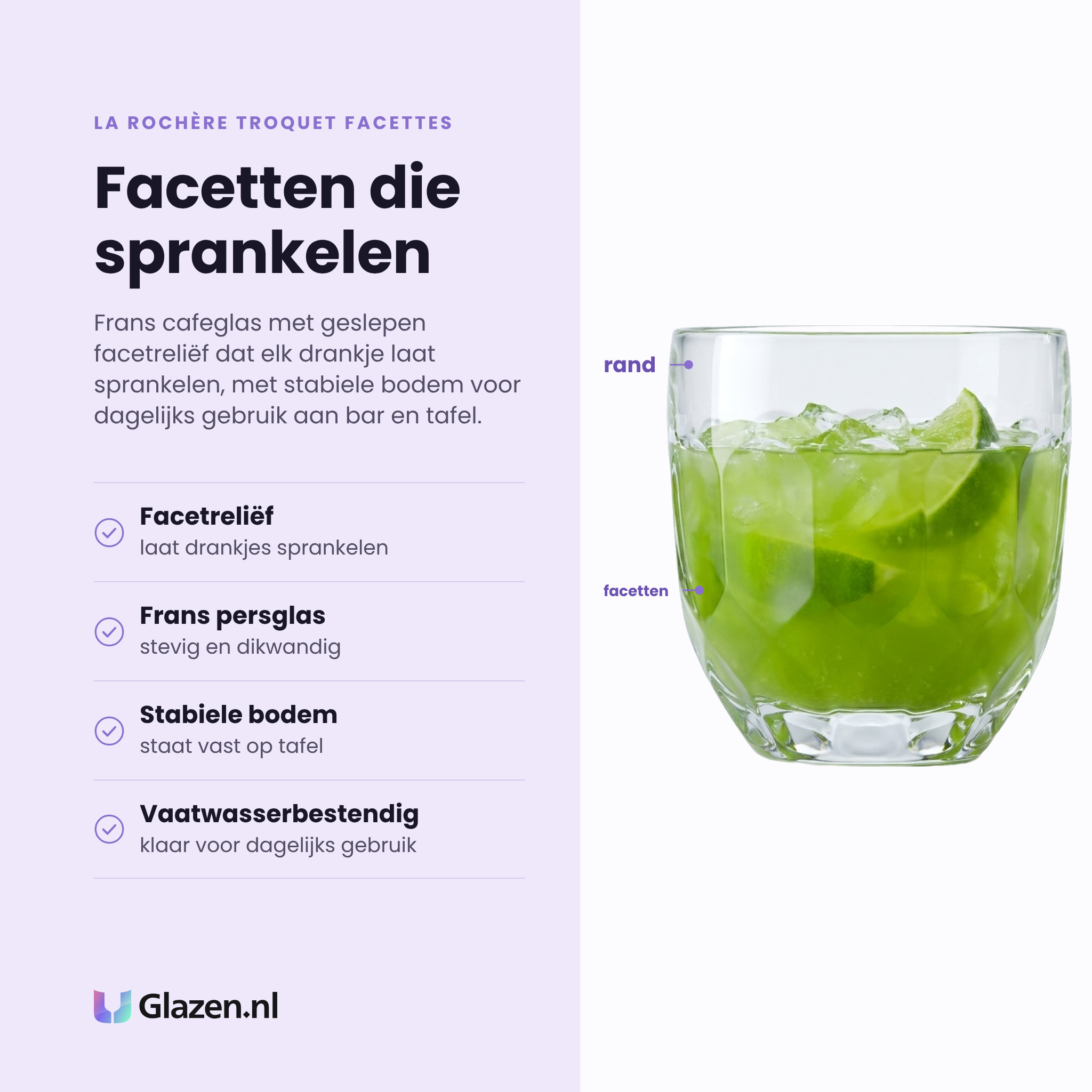 La Rochère Troquet Facettes tumbler 23 cl eigenschappen: facetreliëf, frans persglas, stabiele bodem, vaatwasserbestendig