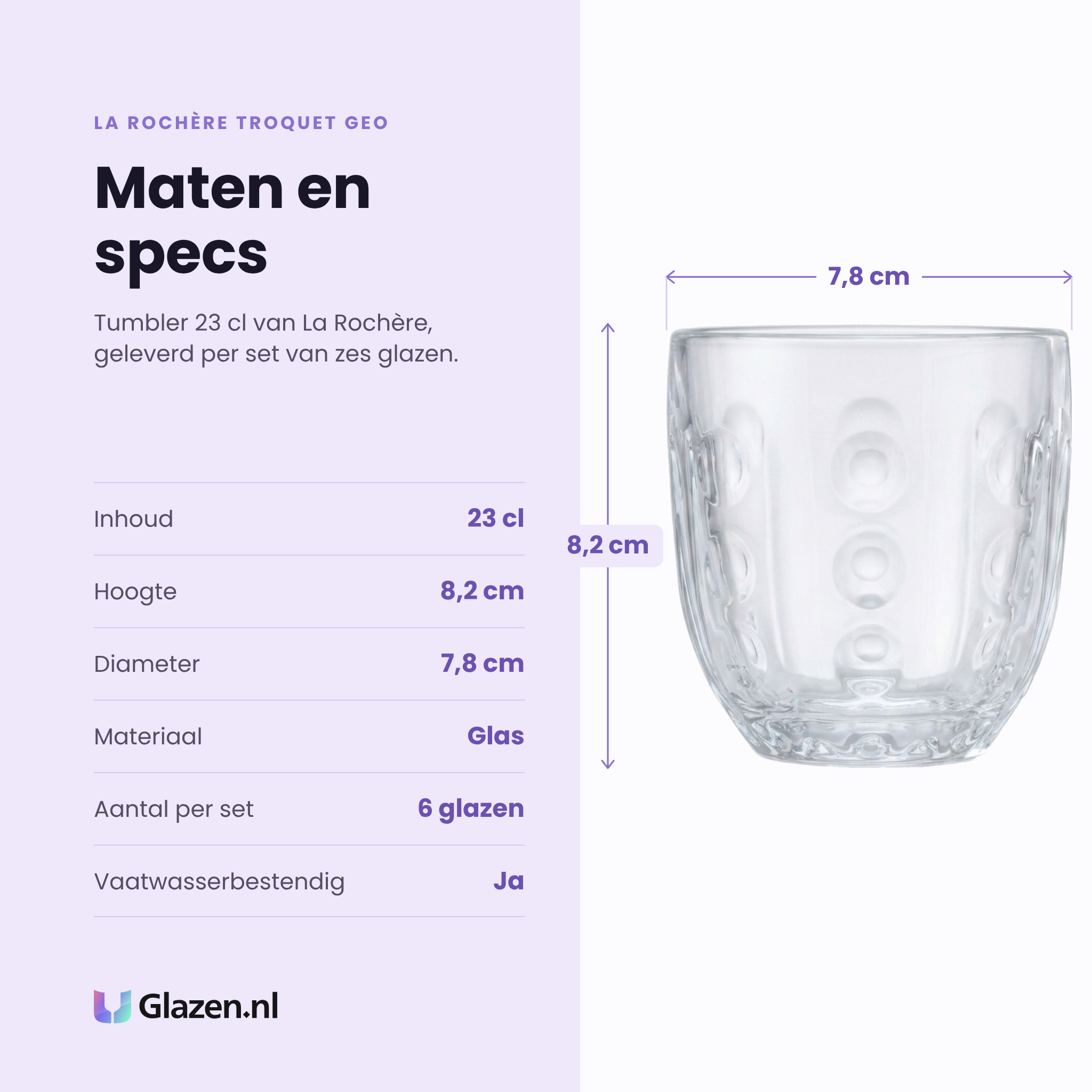 La Rochère Troquet Geo tumbler 23 cl specificaties: inhoud 23 cl, hoogte 8,2 cm, diameter 7,8 cm, glas, set van 6