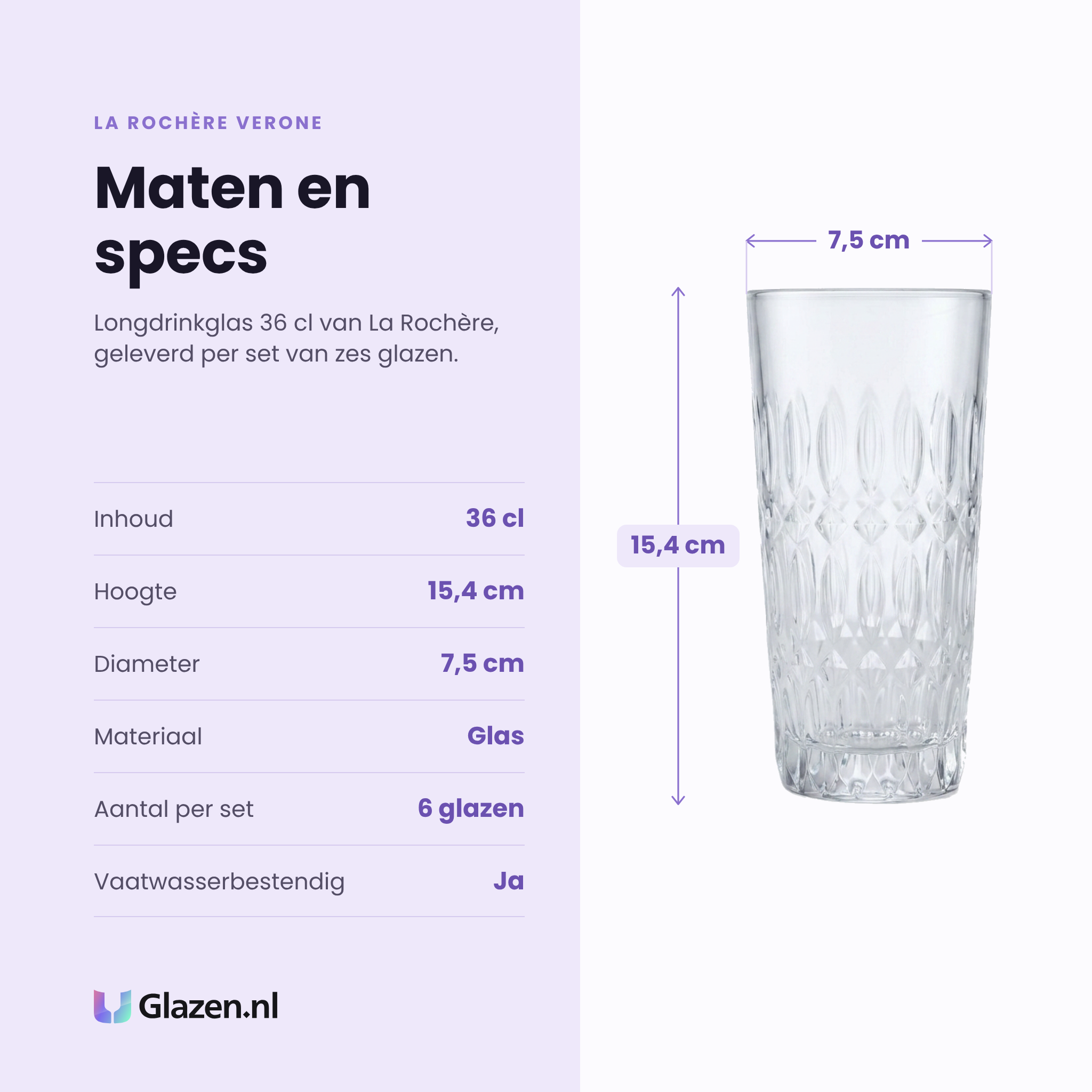 La Rochère Verone longdrinkglas 36 cl specificaties: inhoud 36 cl, hoogte 15,4 cm, diameter 7,5 cm, glas, set van 6