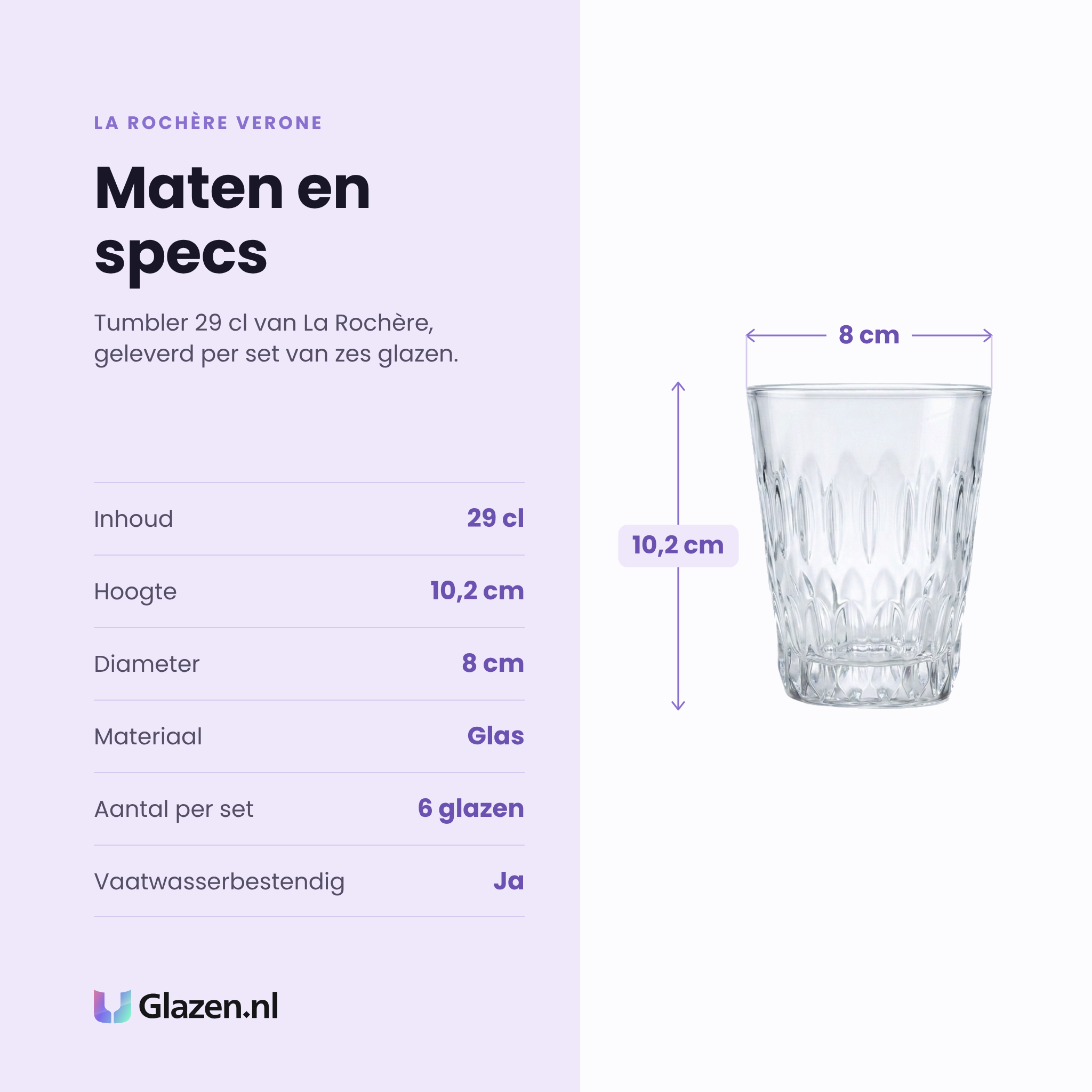 La Rochère Verone tumbler 29 cl specificaties: inhoud 29 cl, hoogte 10,2 cm, diameter 8 cm, glas, set van 6