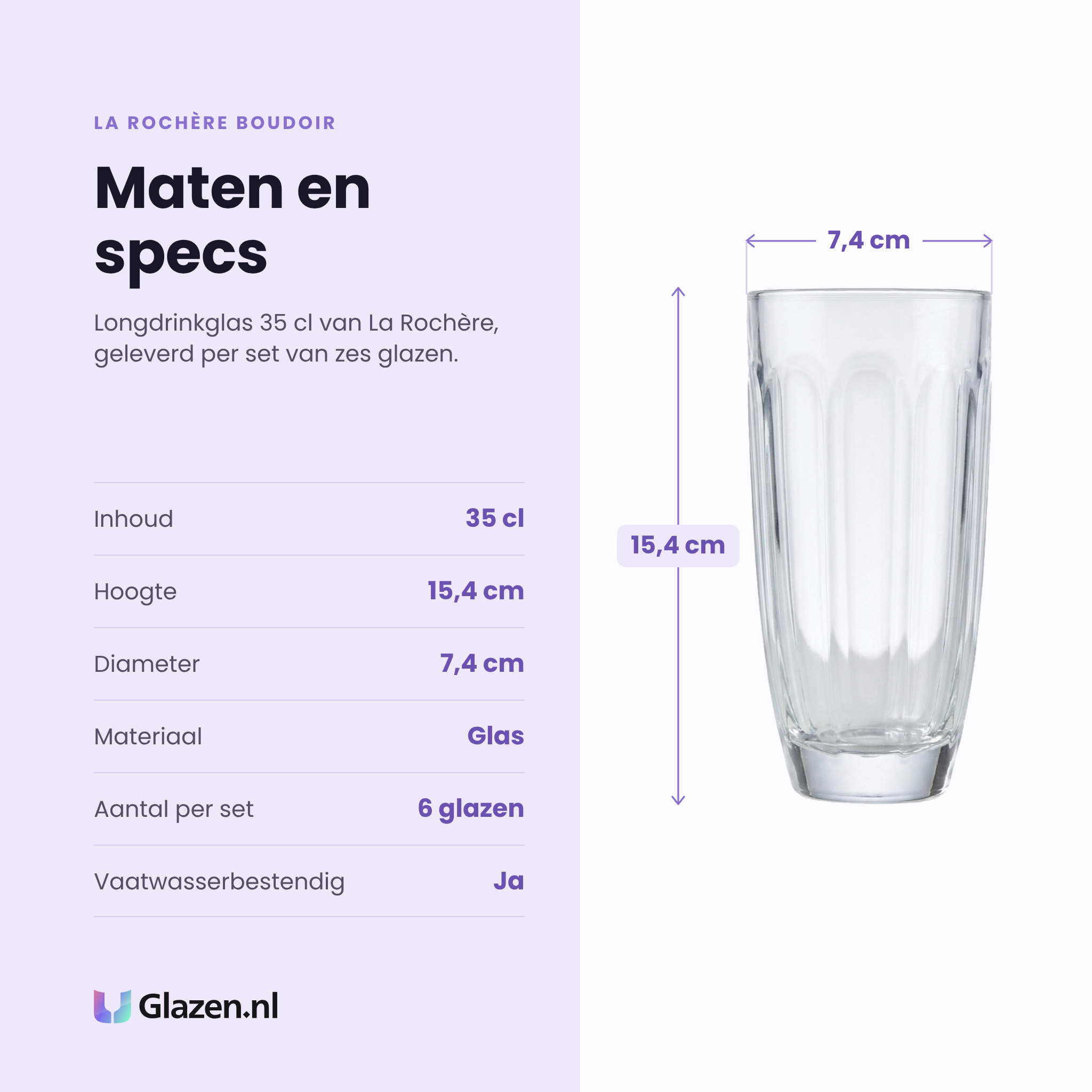 La Rochère Boudoir longdrinkglas 35 cl specificaties: inhoud 35 cl, hoogte 15,4 cm, diameter 7,4 cm, glas, set van 6