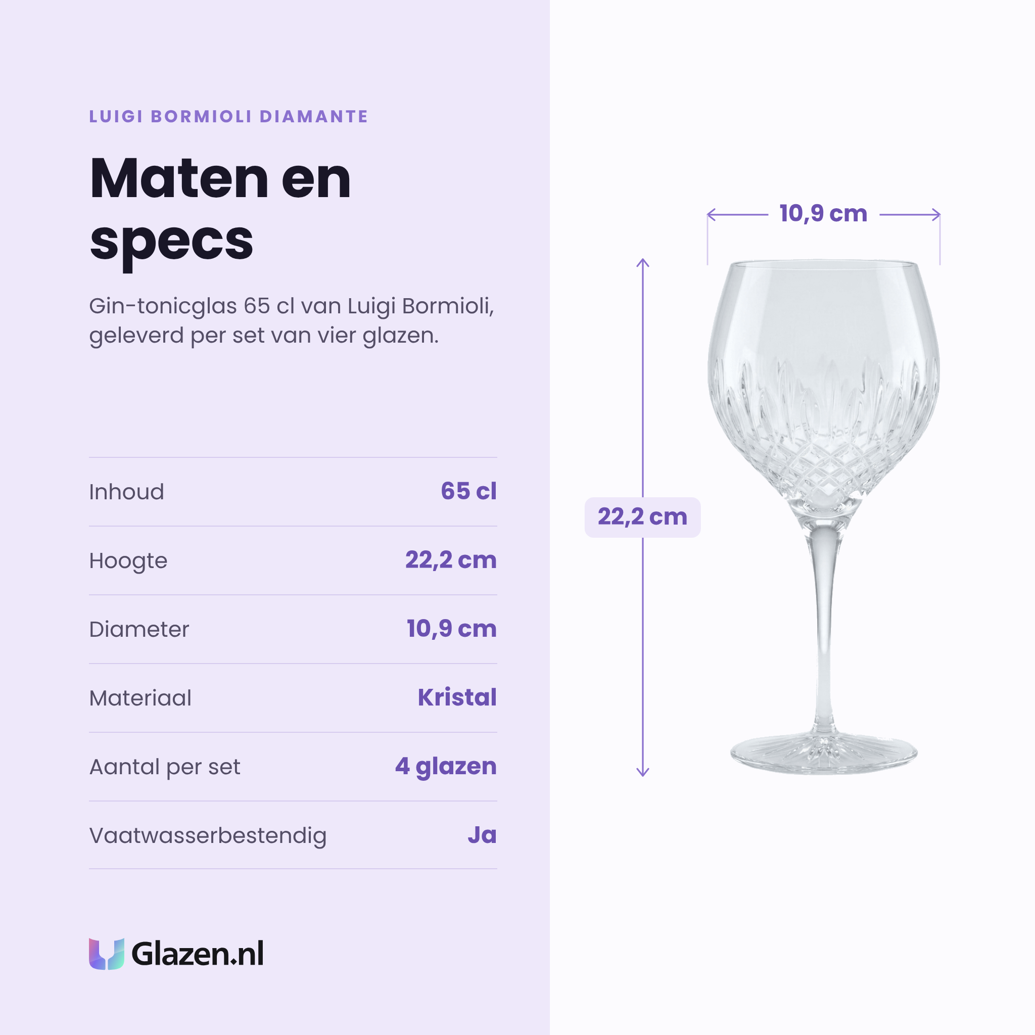 Luigi Bormioli Diamante gin-tonicglas 65 cl specificaties: inhoud 65 cl, hoogte 22,2 cm, diameter 10,9 cm, kristal, set van 4