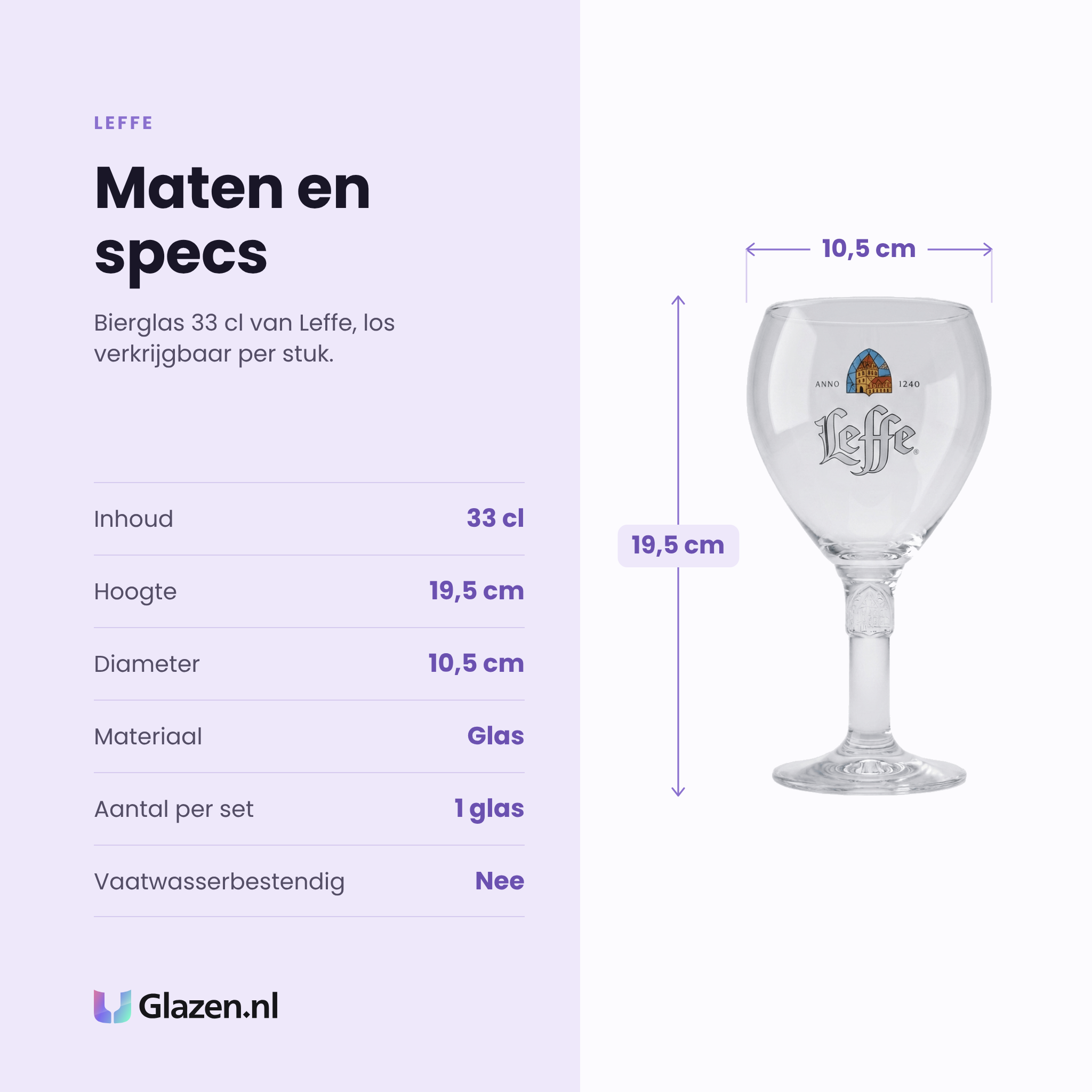 Leffe bierglas 33 cl specificaties: inhoud 33 cl, hoogte 19,5 cm, diameter 10,5 cm, glas, los per stuk