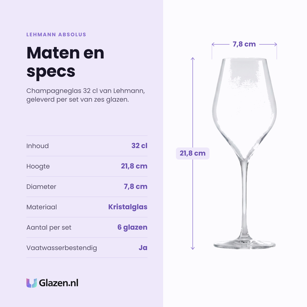 Lehmann Absolus champagneglas 32 cl specificaties: inhoud 32 cl, hoogte 21,8 cm, diameter 7,8 cm, kristalglas, set van 6