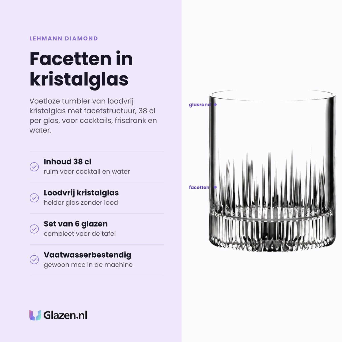 Lehmann Diamond tumbler 38 cl eigenschappen: facetstructuur, loodvrij kristalglas, set van 6 glazen, vaatwasserbestendig