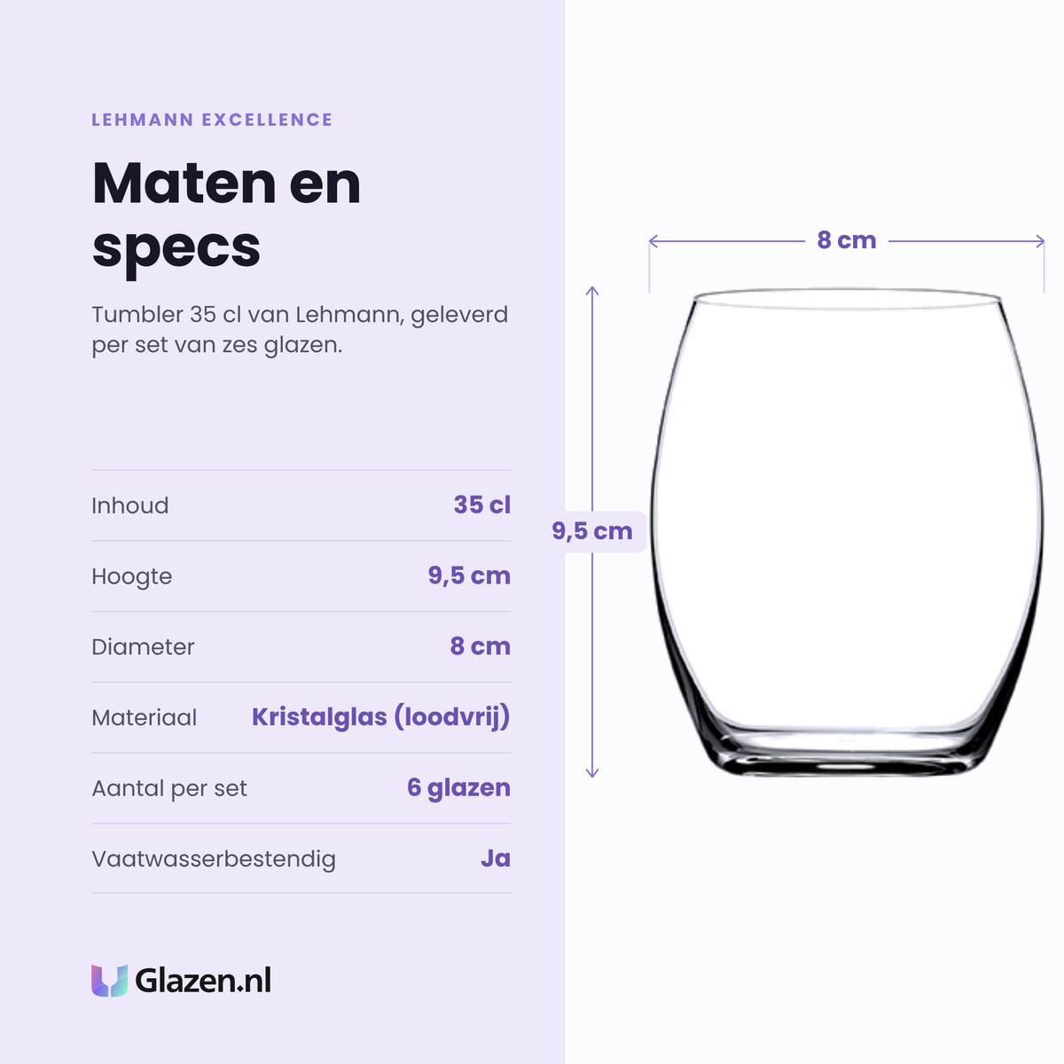 Lehmann Excellence tumbler 35 cl specificaties: inhoud 35 cl, hoogte 9,5 cm, diameter 8 cm, loodvrij kristalglas, set van 6