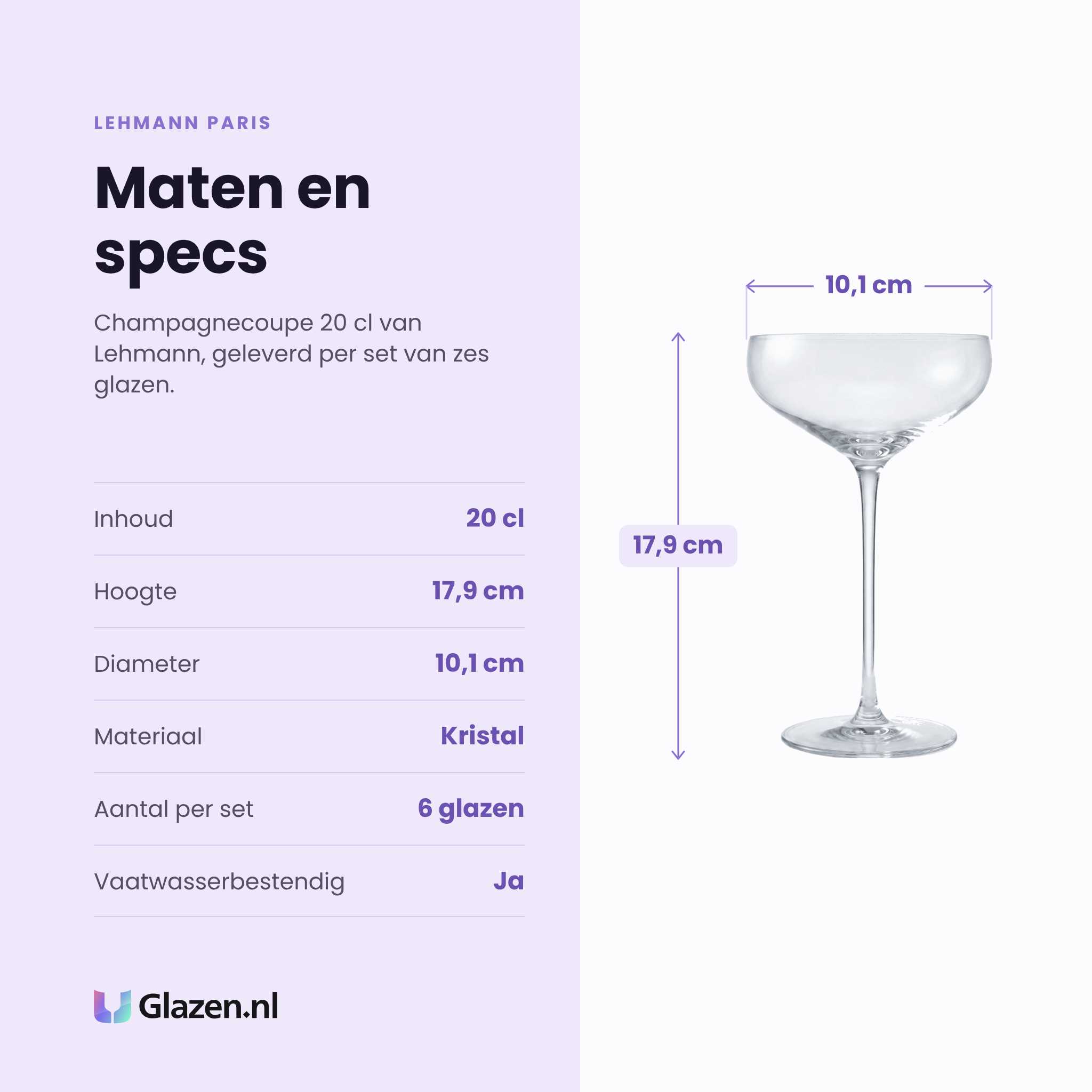 Lehmann Paris champagnecoupe 20 cl specificaties: inhoud 20 cl, hoogte 17,9 cm, diameter 10,1 cm, kristal, set van 6