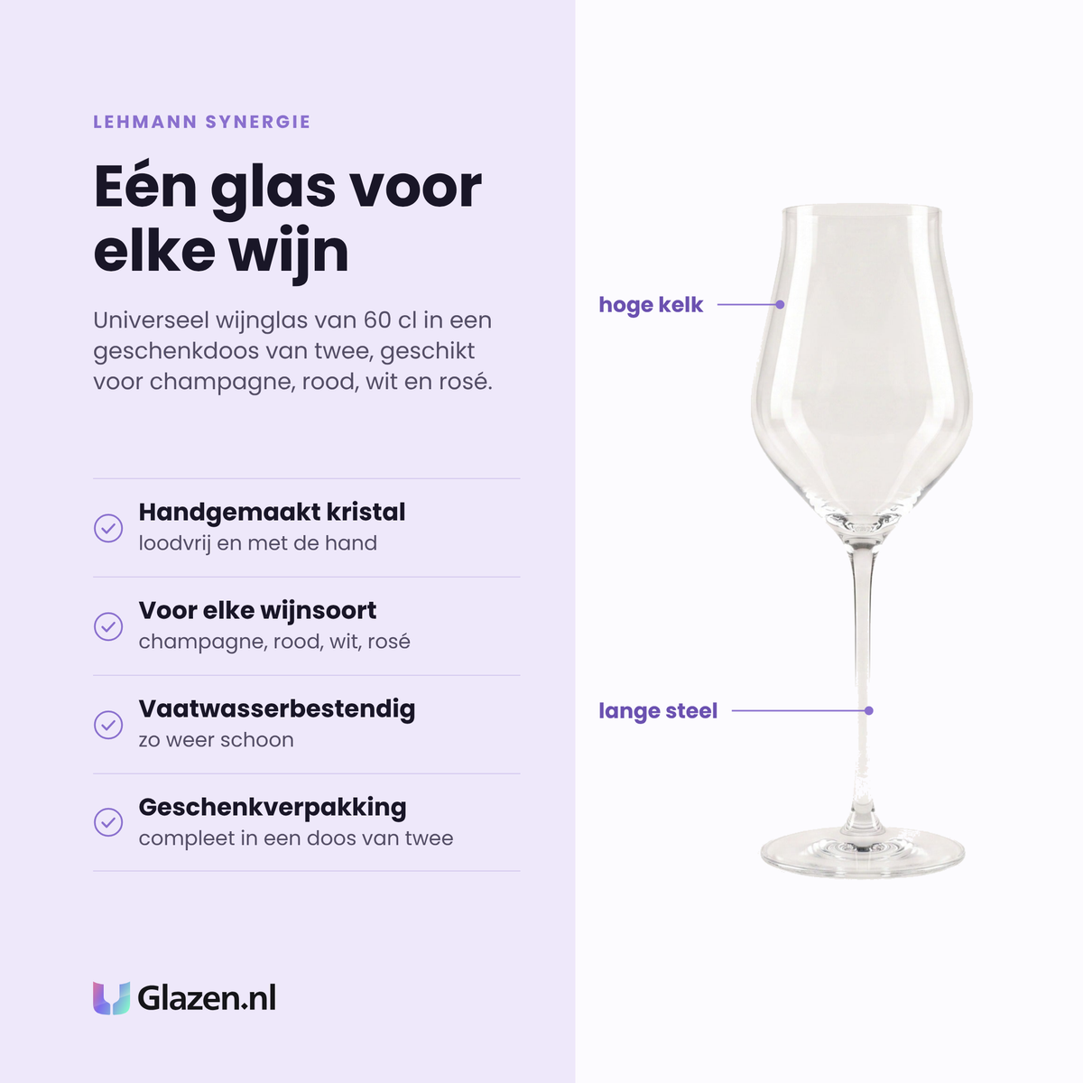 Lehmann Synergie wijnglas 60 cl eigenschappen: handgemaakt loodvrij kristal, voor elke wijnsoort, vaatwasserbestendig, in geschenkverpakking