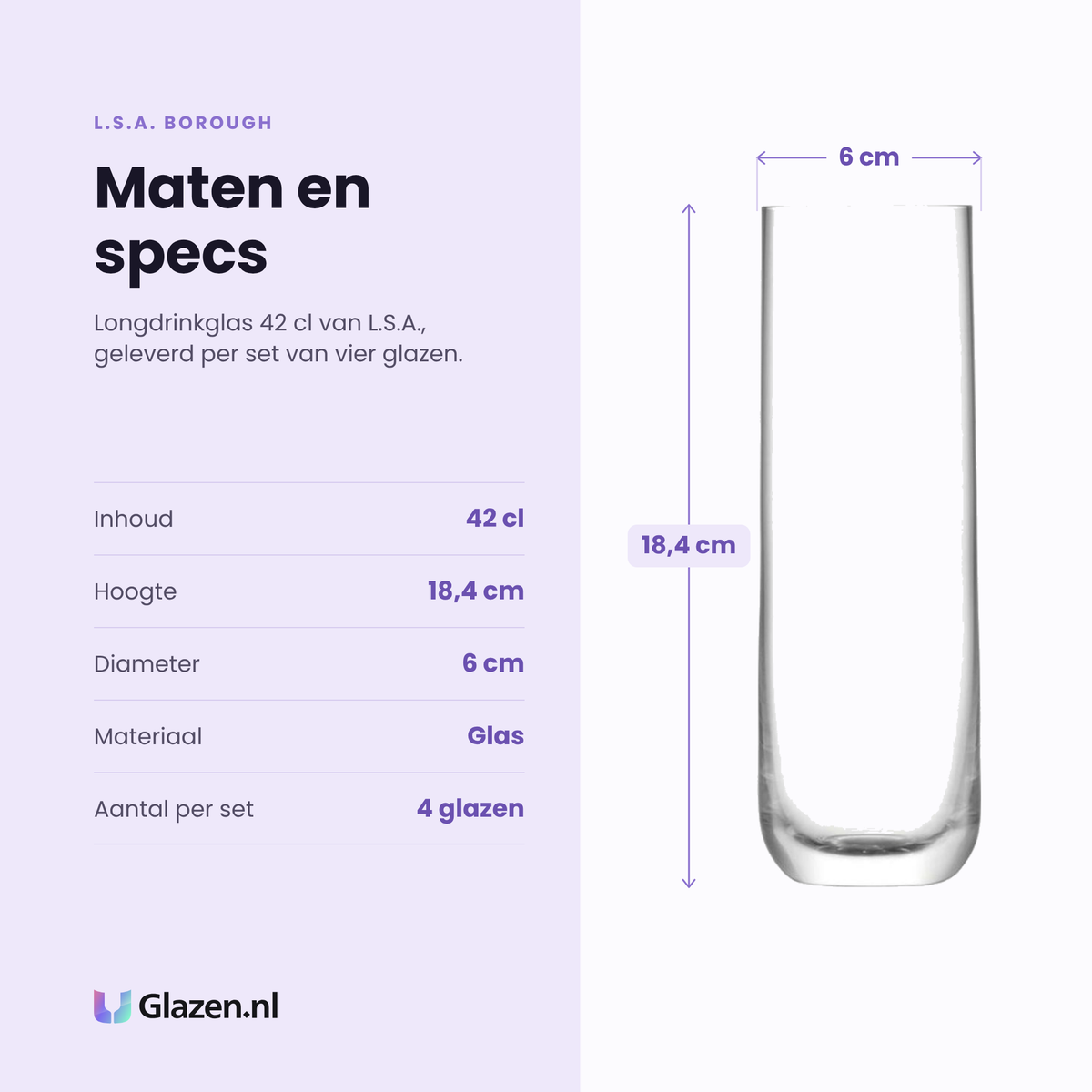 L.S.A. Borough longdrinkglas 42 cl specificaties: inhoud 42 cl, hoogte 18,4 cm, diameter 6 cm, glas, set van 4