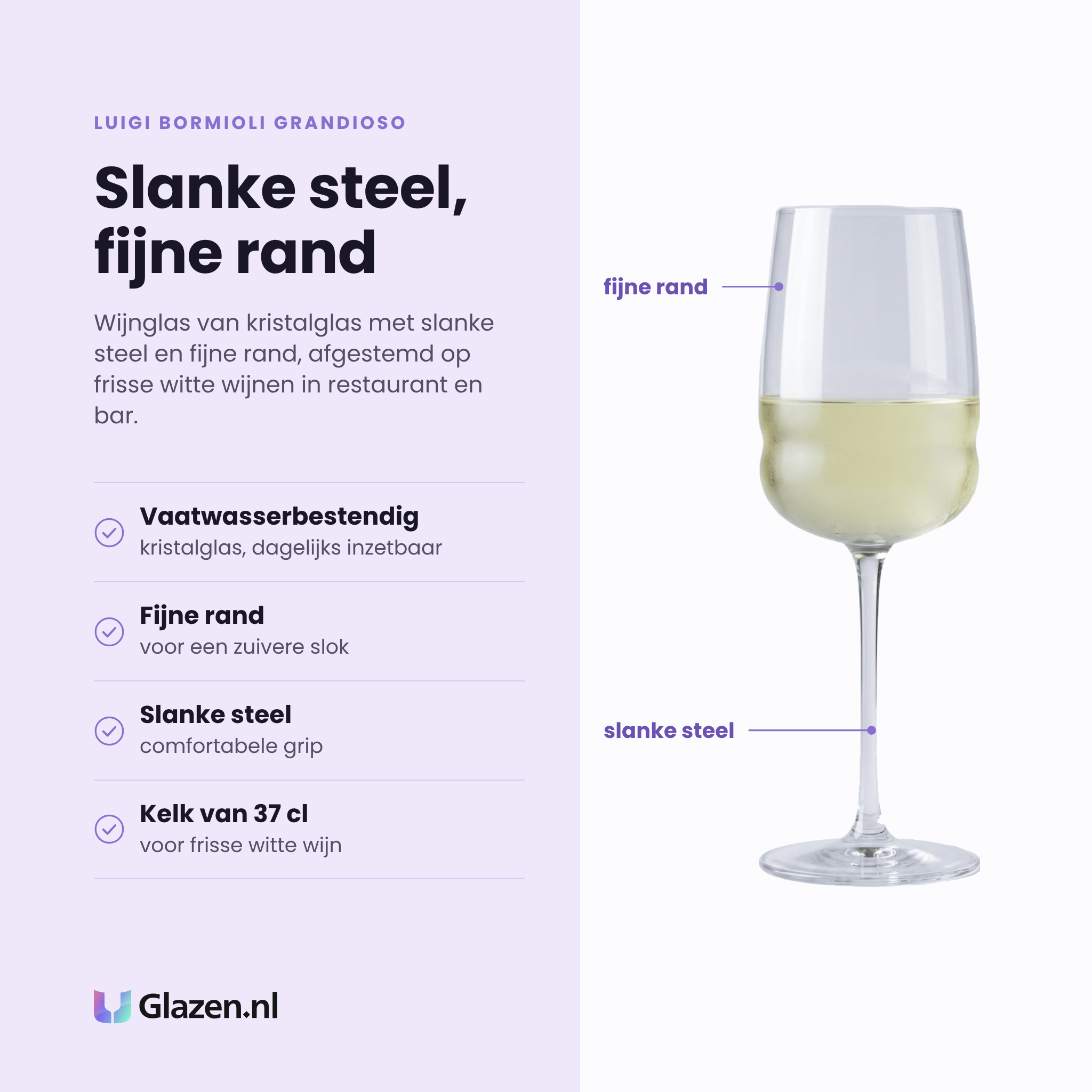 Luigi Bormioli Grandioso wijnglas 37 cl eigenschappen: vaatwasserbestendig kristalglas, fijne rand, slanke steel, kelk van 37 cl