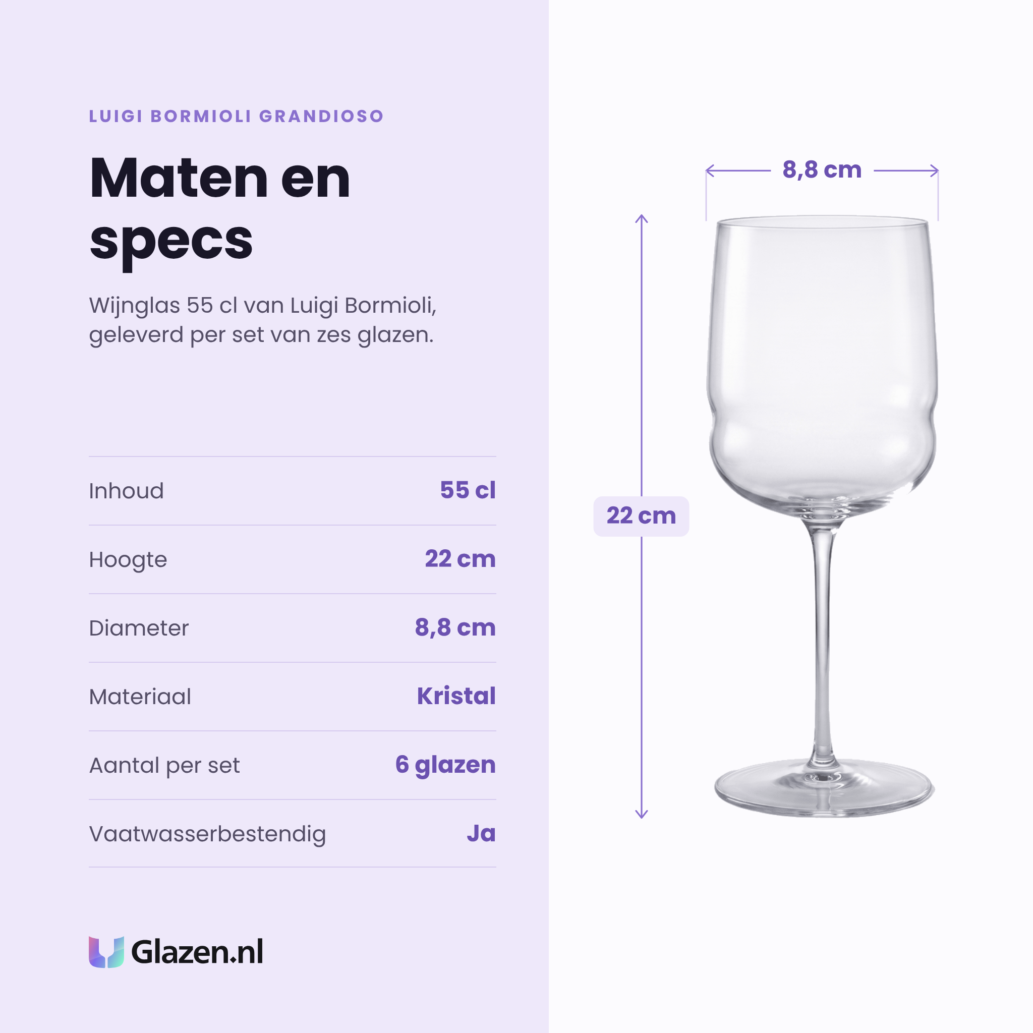 Luigi Bormioli Grandioso wijnglas 55 cl specificaties: inhoud 55 cl, hoogte 22 cm, diameter 8,8 cm, kristal, set van 6