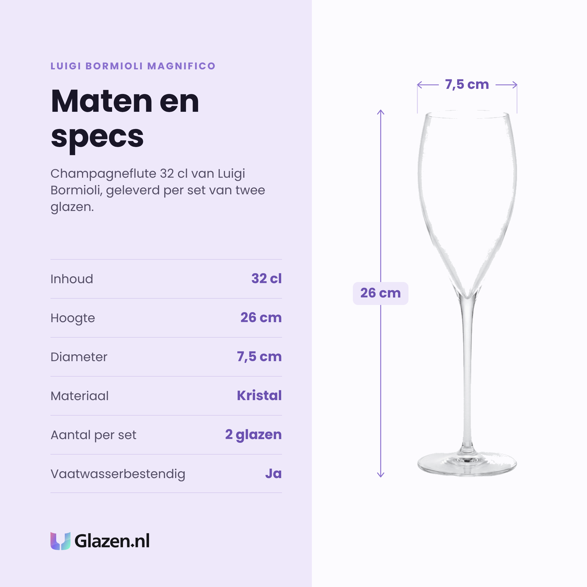 Luigi Bormioli Magnifico champagneflute 32 cl specificaties: inhoud 32 cl, hoogte 26 cm, diameter 7,5 cm, kristal, set van 2