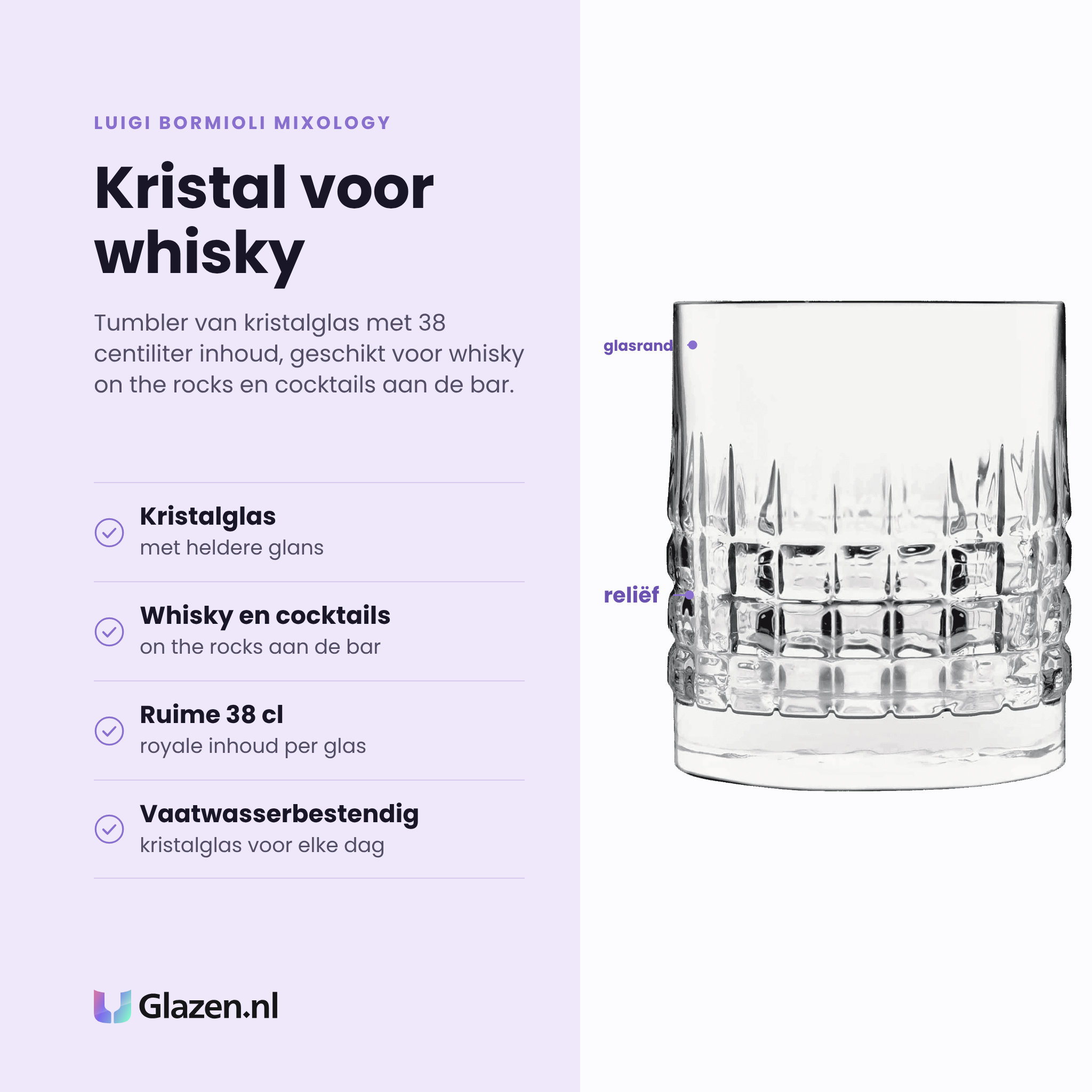 Luigi Bormioli Mixology Charme tumbler 38 cl eigenschappen: kristalglas met heldere glans, voor whisky en cocktails, ruime inhoud, vaatwasserbestendig