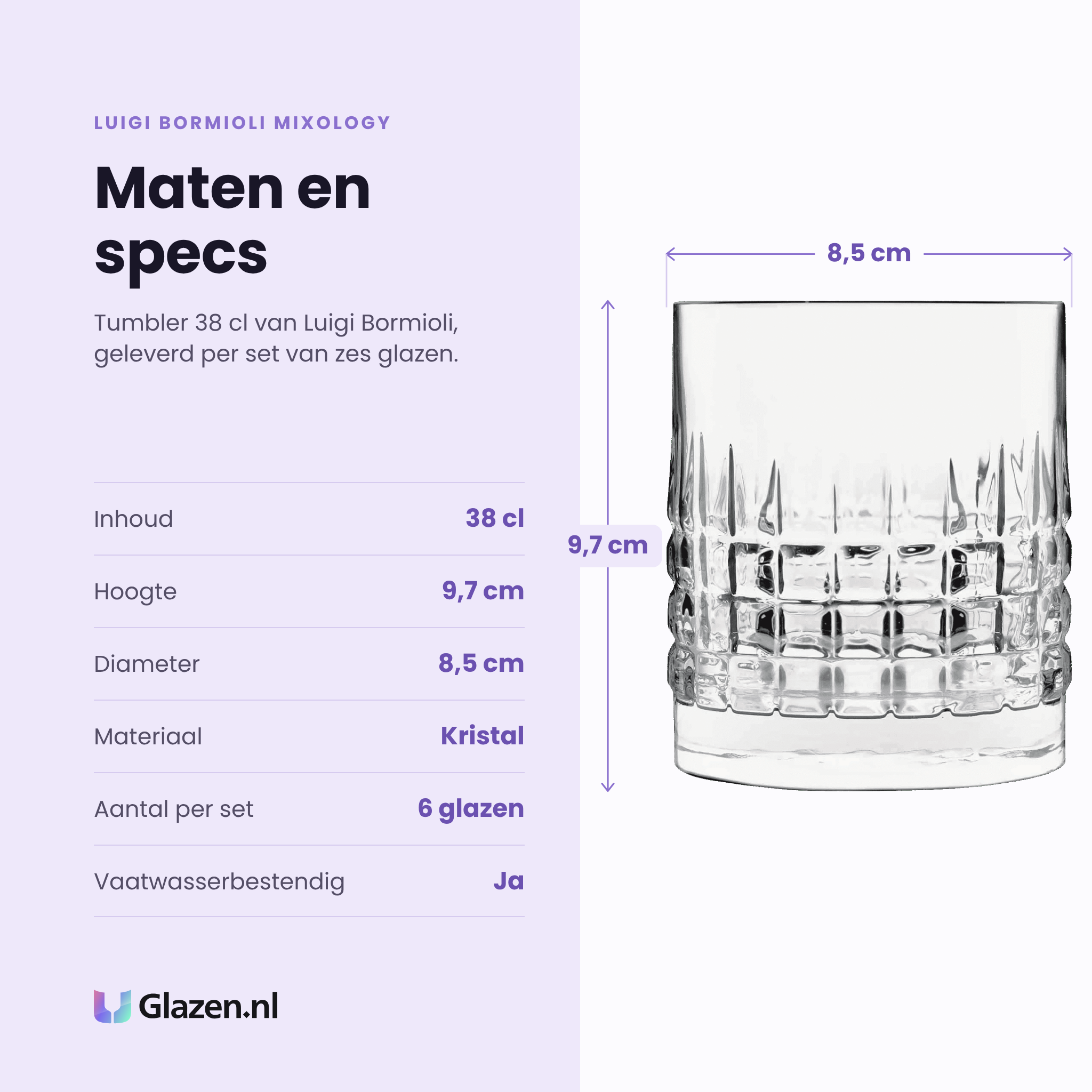 Luigi Bormioli Mixology Charme tumbler 38 cl specificaties: inhoud 38 cl, hoogte 9,7 cm, diameter 8,5 cm, kristal, set van 6