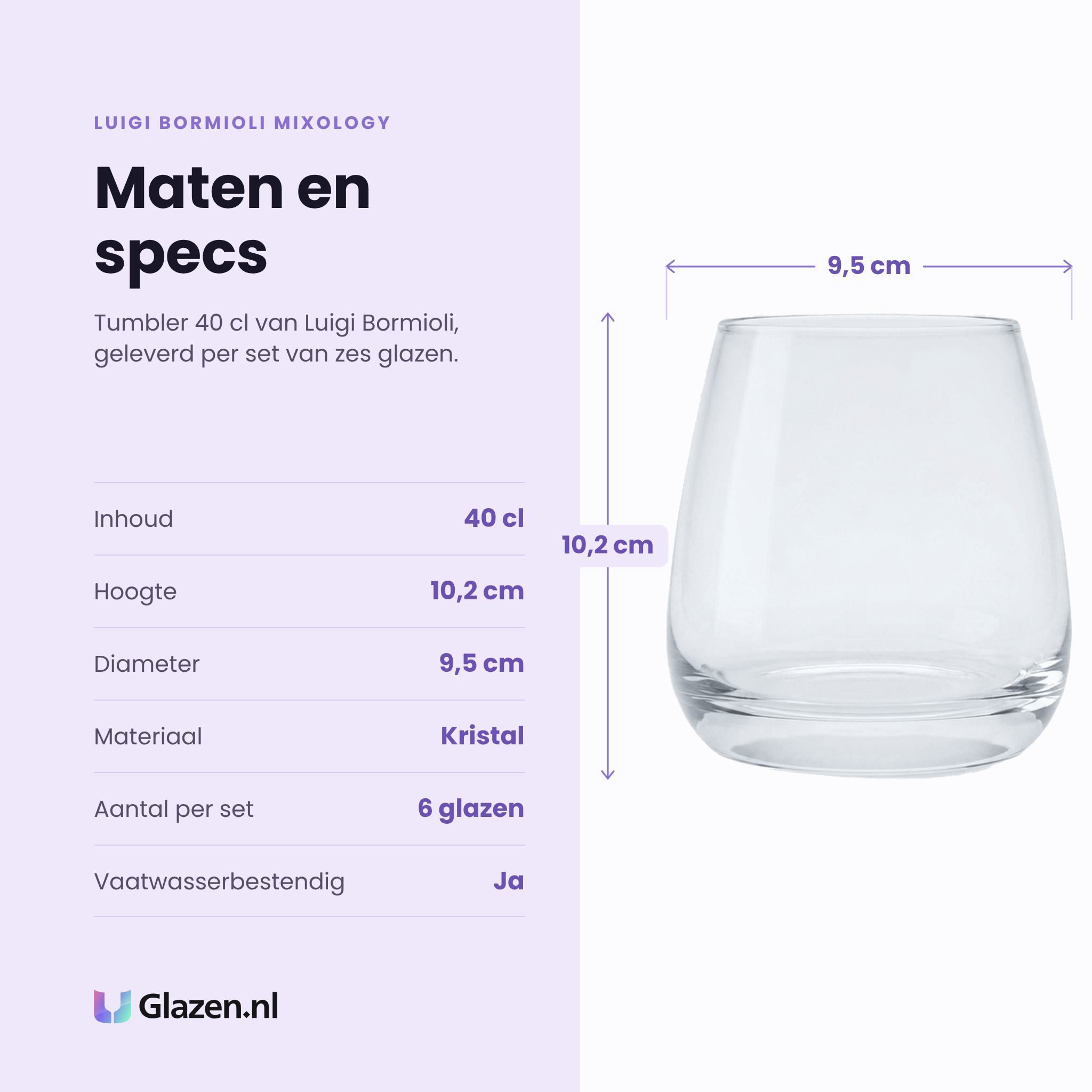 Luigi Bormioli Mixology tumbler 40 cl specificaties: inhoud 40 cl, hoogte 10,2 cm, diameter 9,5 cm, kristal, set van 6