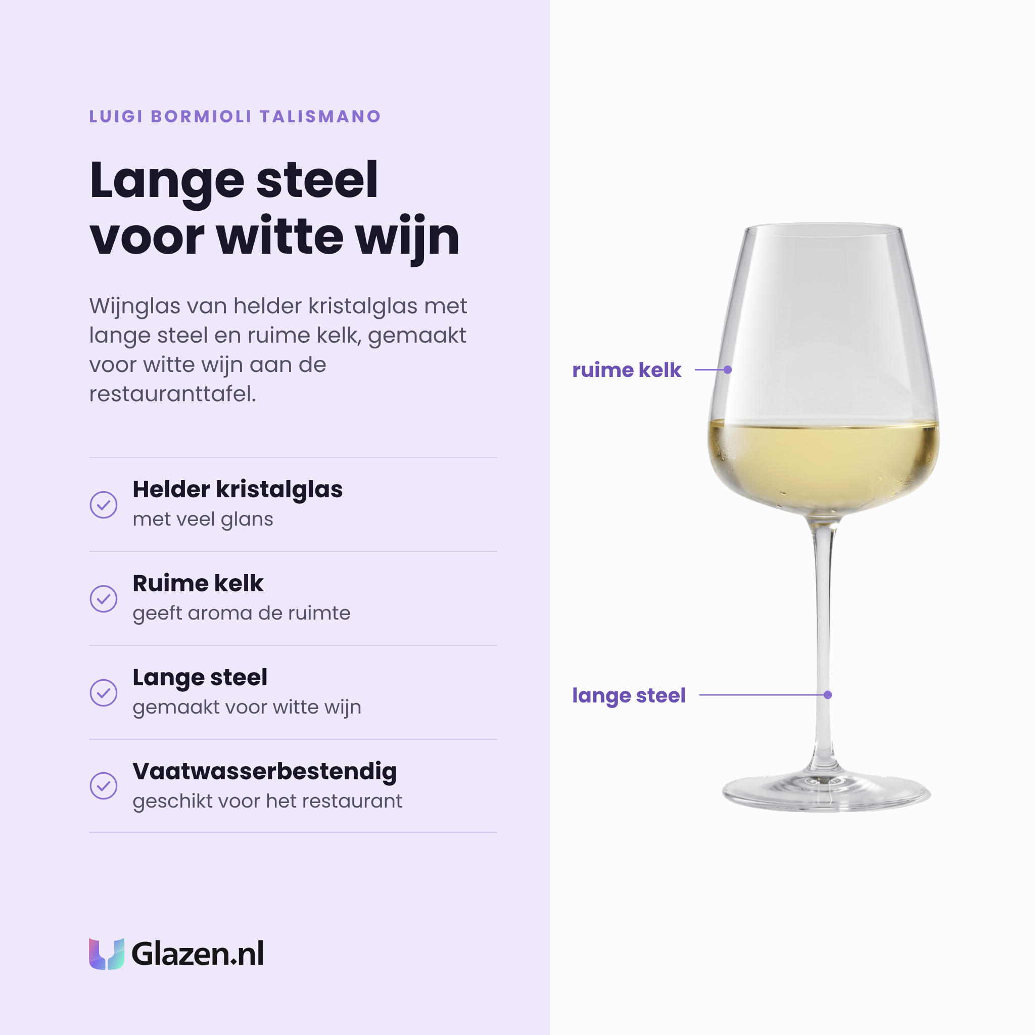 Luigi Bormioli Talismano wijnglas 45 cl eigenschappen: helder kristalglas, ruime kelk, lange steel, vaatwasserbestendig