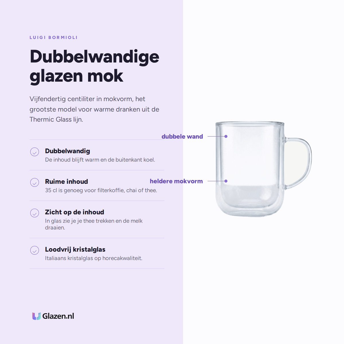 Eigenschappen van de Luigi Bormioli Thermic Glass Koffieglas 35 Cl Sublime Mug - 2 Stuks