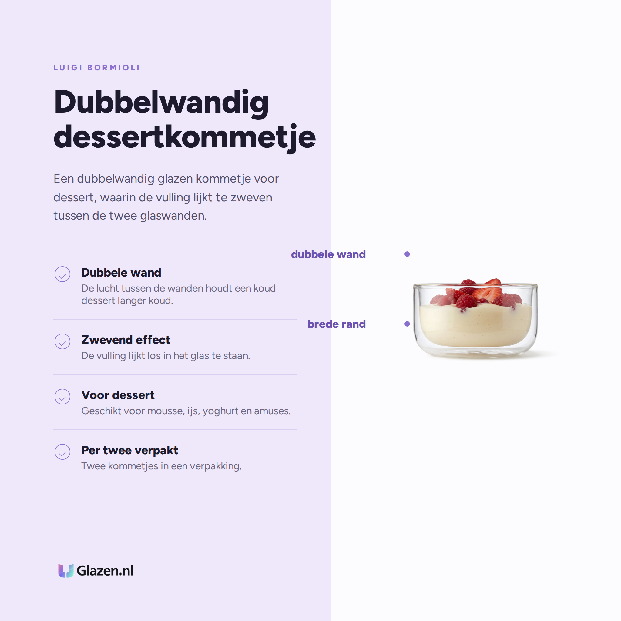 Luigi Bormioli Thermic Glass dessertkommetje eigenschappen: dubbele wand, zwevend effect, voor dessert, per twee verpakt