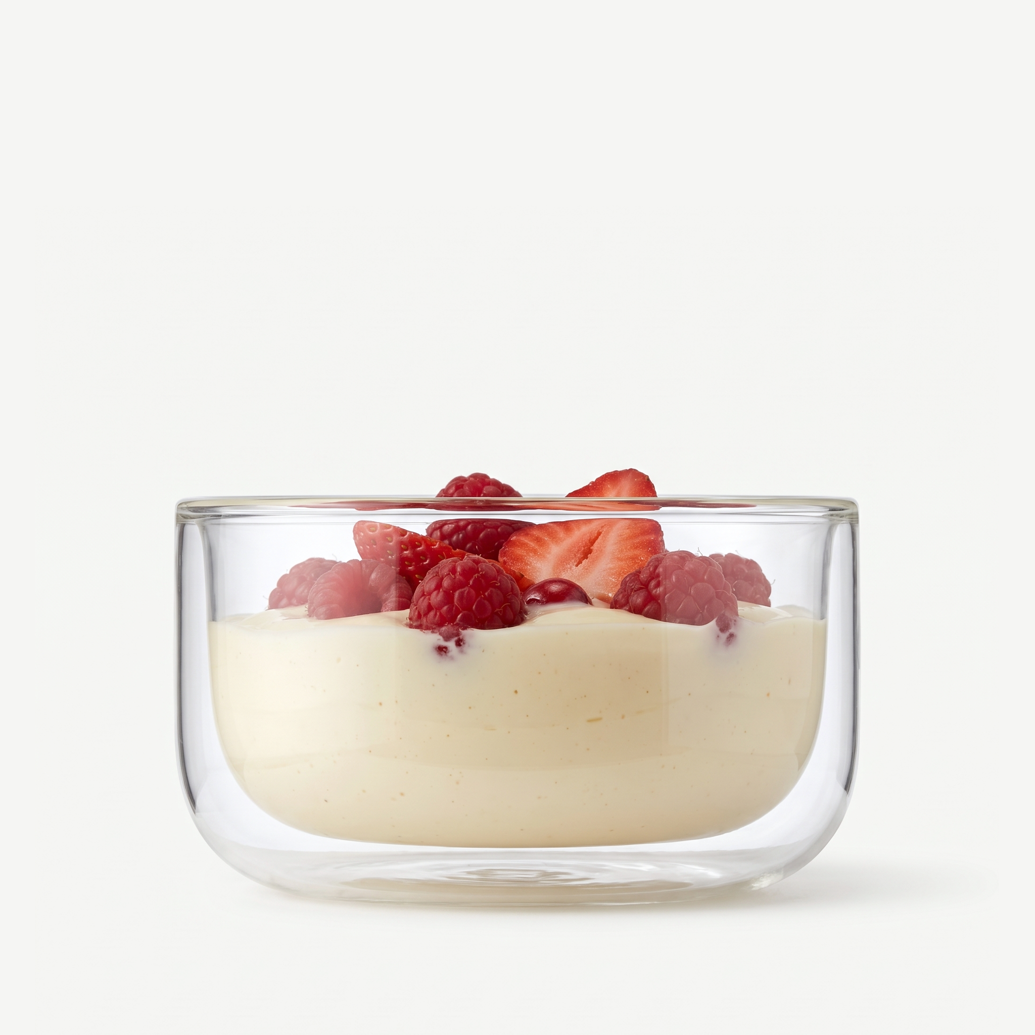 Luigi Bormioli Thermic Glass dessertkommetje met vanilledessert en rood fruit