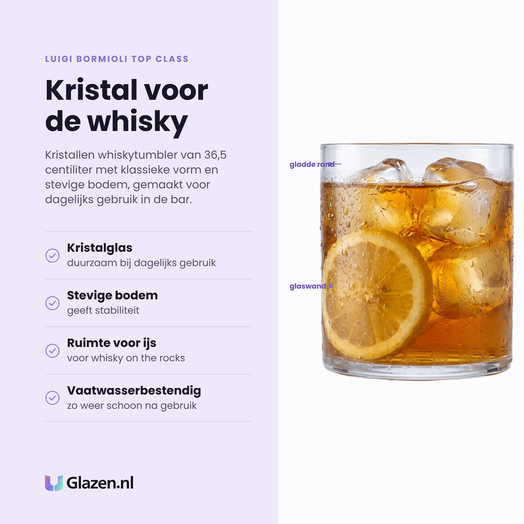Luigi Bormioli Top Class whiskytumbler 36,5 cl eigenschappen: kristalglas, stevige bodem, ruimte voor ijs, vaatwasserbestendig