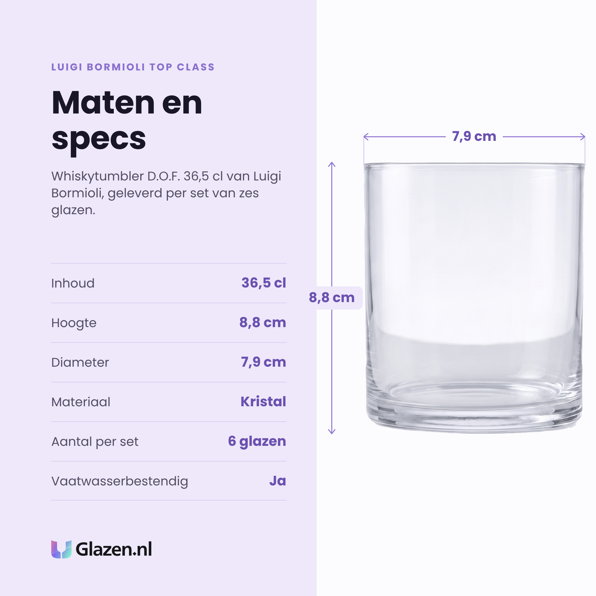 Luigi Bormioli Top Class whiskytumbler 36,5 cl specificaties: inhoud 36,5 cl, hoogte 8,8 cm, diameter 7,9 cm, kristal, set van 6