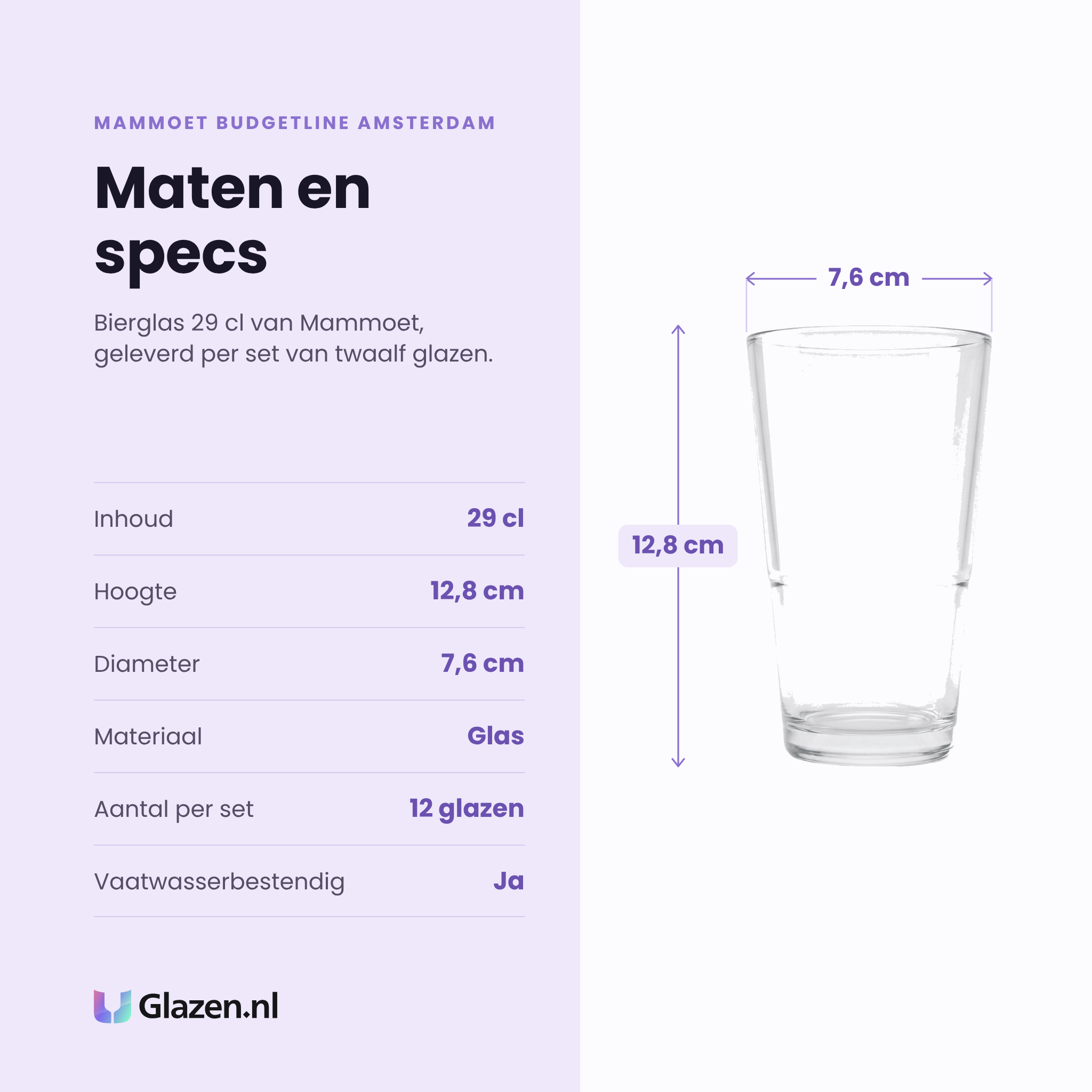 Mammoet Budgetline Amsterdam bierglas 29 cl specificaties: inhoud 29 cl, hoogte 12,8 cm, diameter 7,6 cm, glas, set van 12