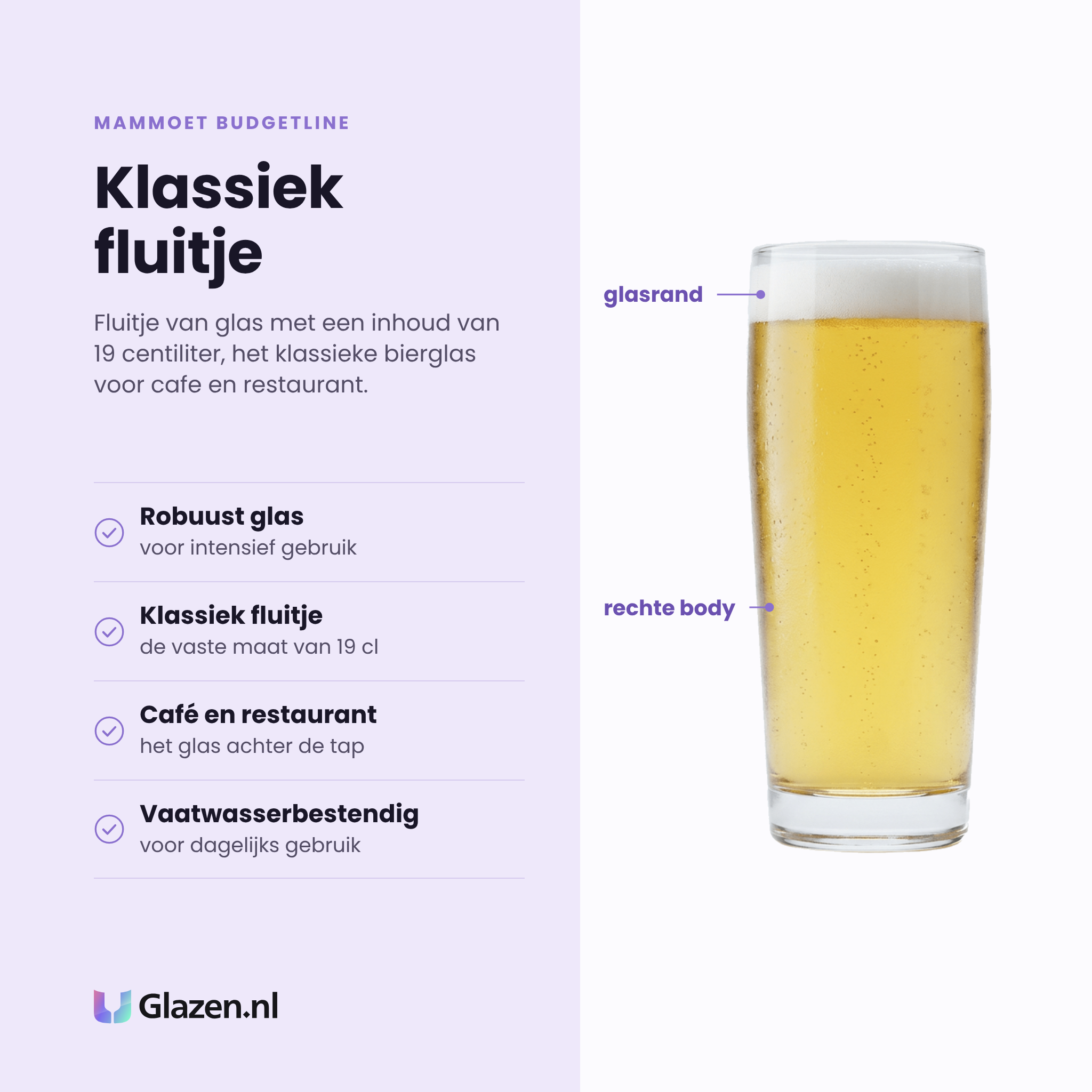 Mammoet Budgetline fluitje 19 cl eigenschappen: robuust glas, klassiek fluitje, voor café en restaurant, vaatwasserbestendig