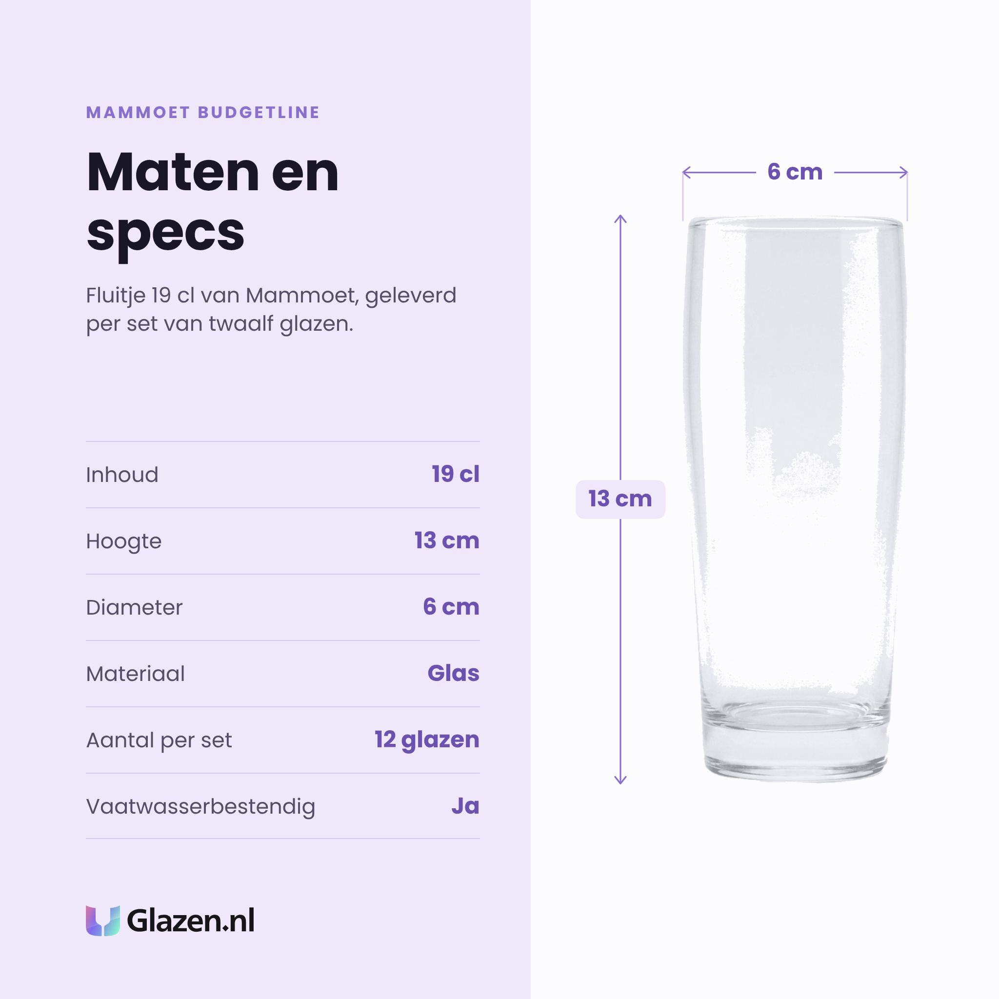 Mammoet Budgetline fluitje 19 cl specificaties: inhoud 19 cl, hoogte 13 cm, diameter 6 cm, glas, set van 12