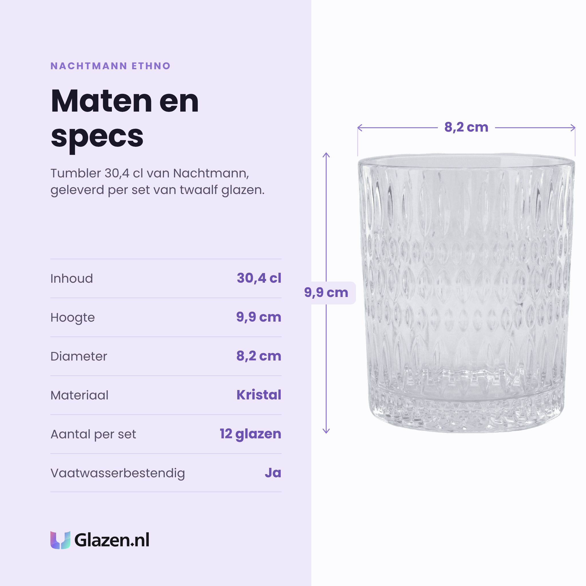 Nachtmann Ethno tumbler 30,4 cl specificaties: inhoud 30,4 cl, hoogte 9,9 cm, diameter 8,2 cm, kristal, set van 12