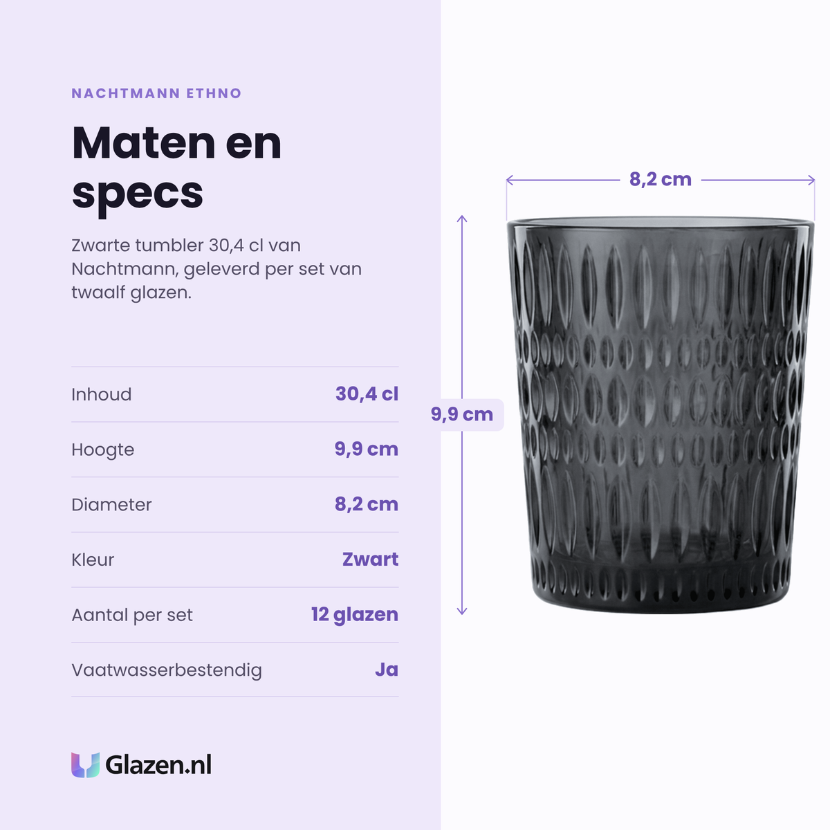 Nachtmann Ethno tumbler 30,4 cl zwart specificaties: inhoud 30,4 cl, hoogte 9,9 cm, diameter 8,2 cm, zwart, set van 12