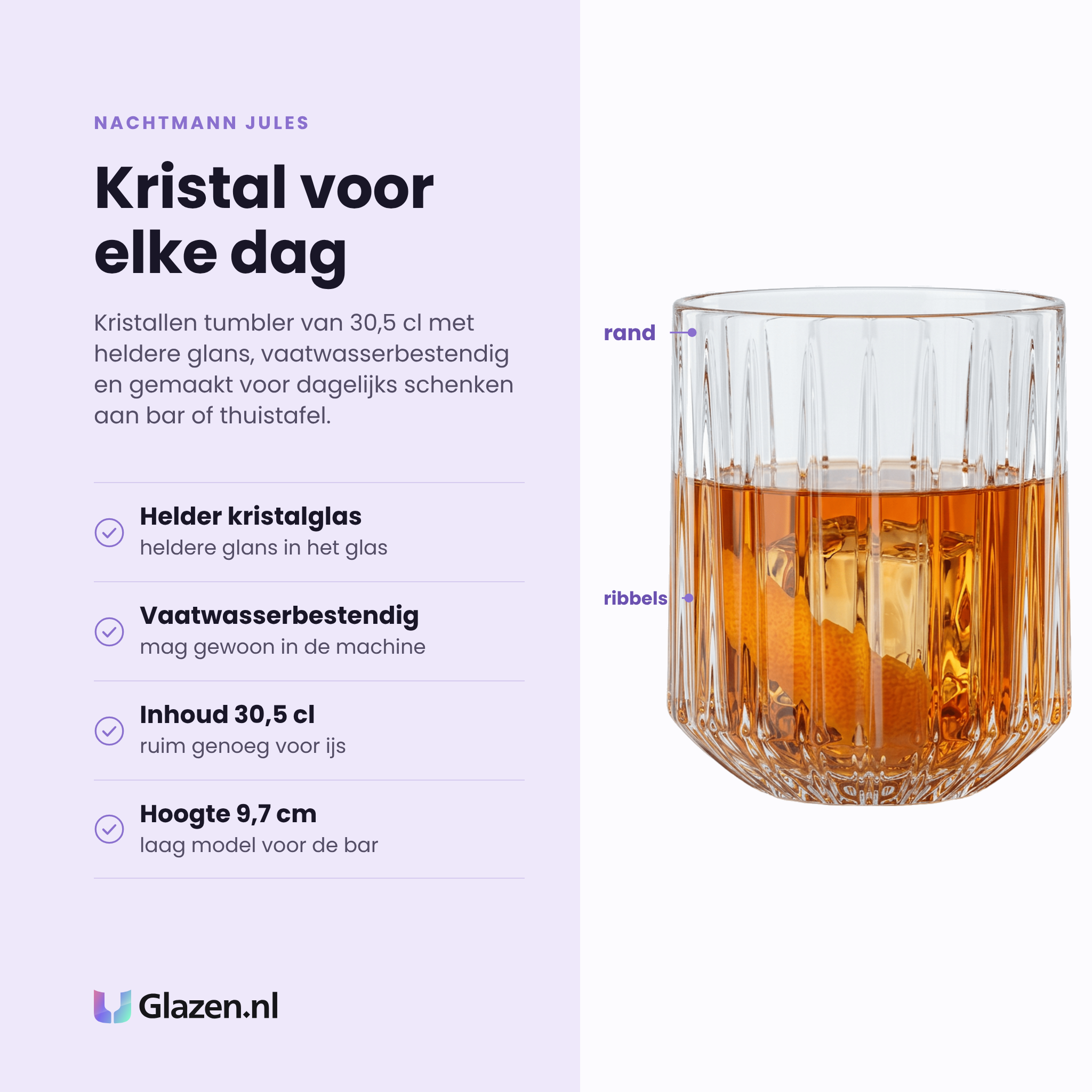 Nachtmann Jules tumbler 30,5 cl eigenschappen: helder kristalglas, vaatwasserbestendig, inhoud 30,5 cl, hoogte 9,7 cm