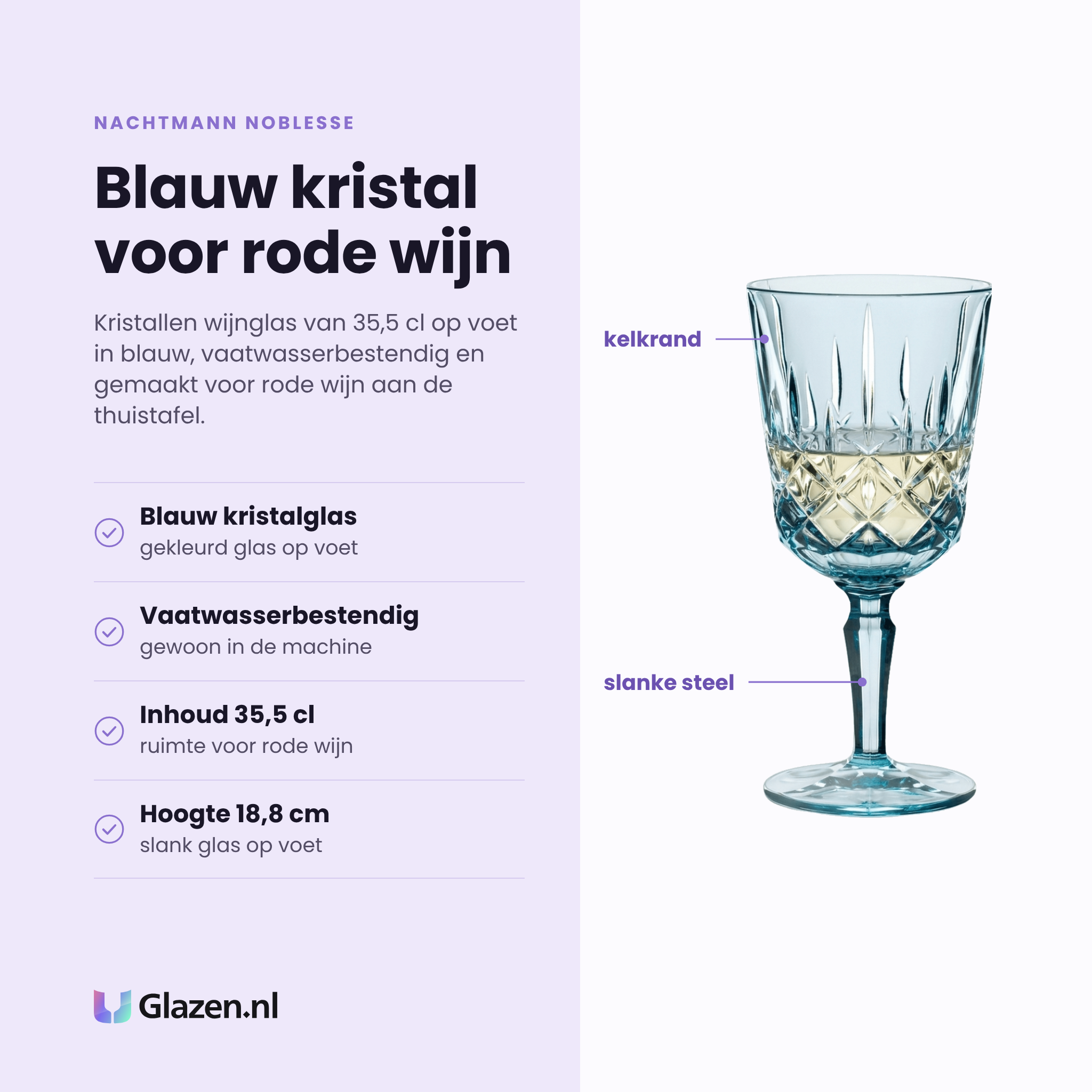 Nachtmann Noblesse wijnglas 35,5 cl eigenschappen: blauw kristalglas, vaatwasserbestendig, inhoud 35,5 cl, hoogte 18,8 cm
