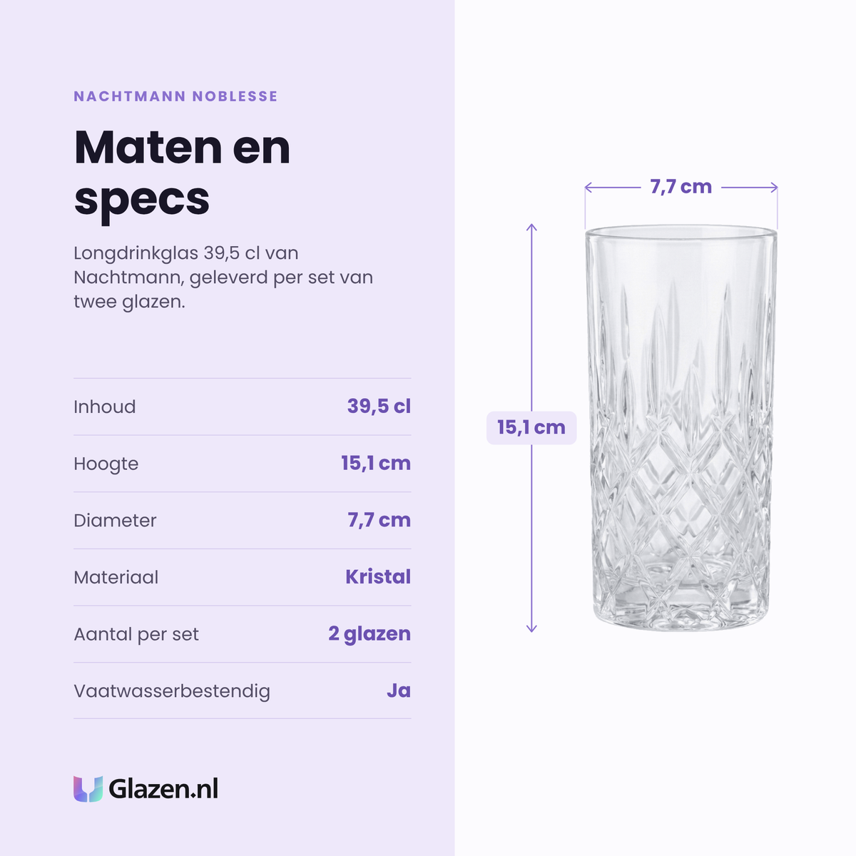Nachtmann Noblesse longdrinkglas 39,5 cl specificaties: inhoud 39,5 cl, hoogte 15,1 cm, diameter 7,7 cm, kristal, set van 2
