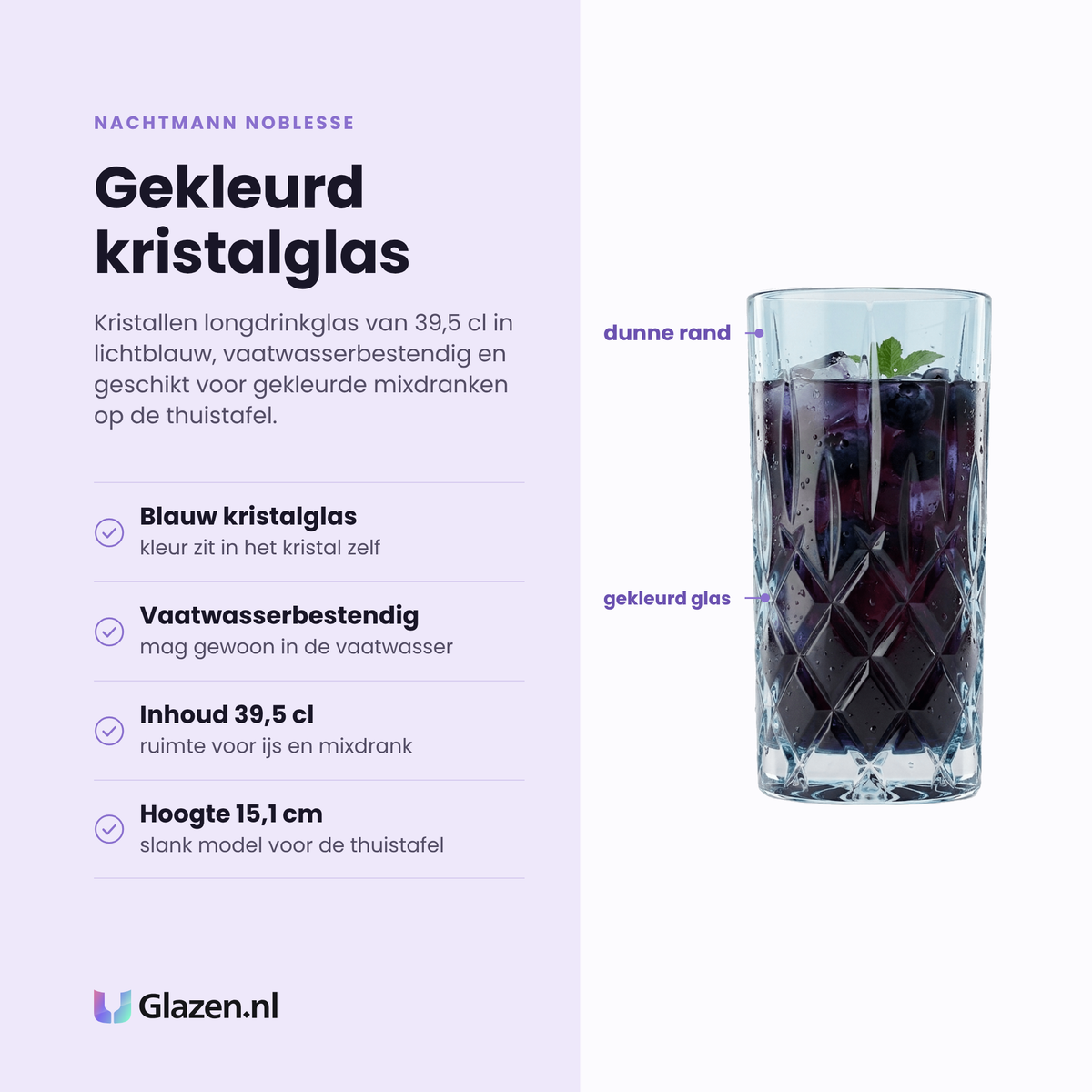 Nachtmann Noblesse longdrinkglas 39,5 cl eigenschappen: lichtblauw gekleurd kristalglas, vaatwasserbestendig, inhoud 39,5 cl, hoogte 15,1 cm