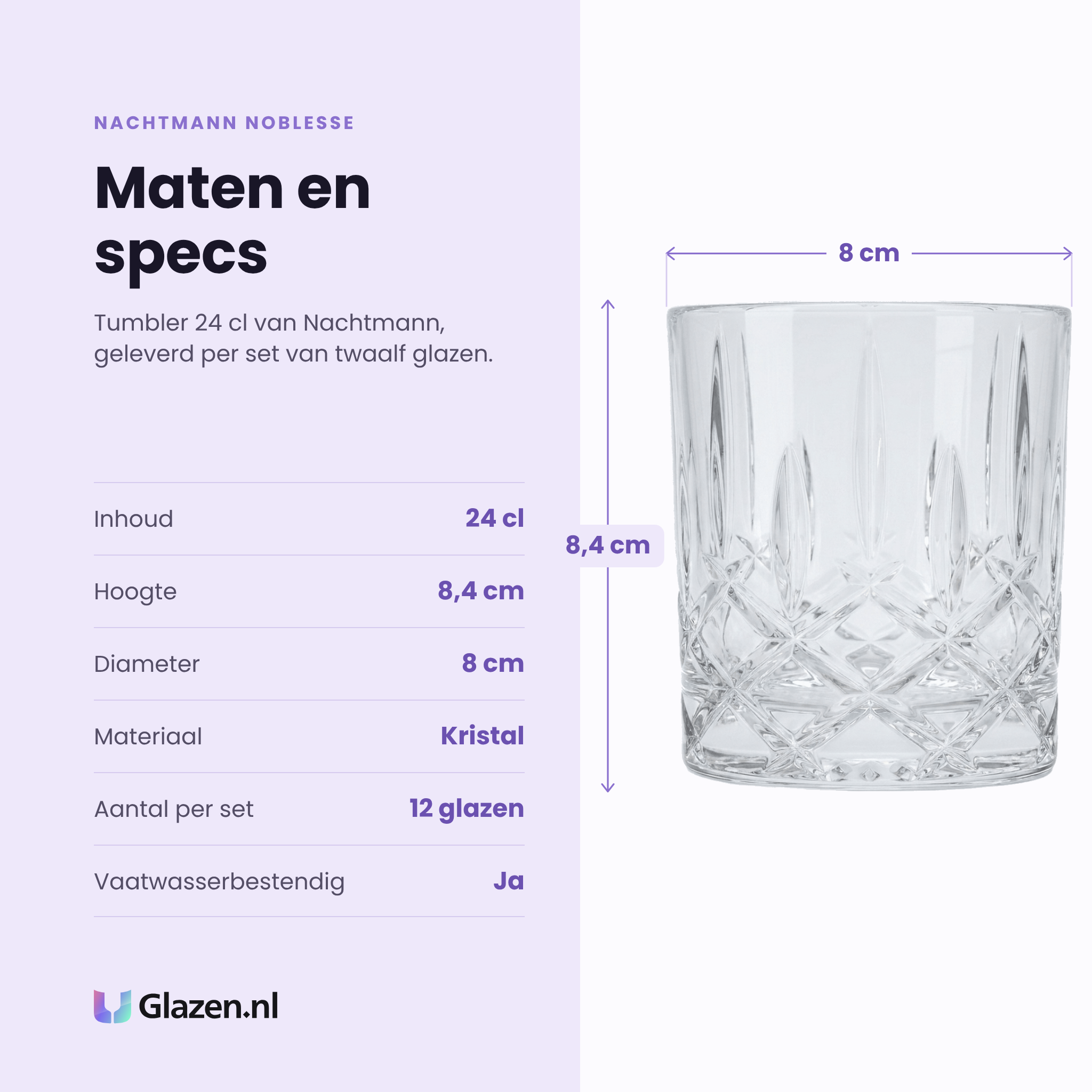 Nachtmann Noblesse tumbler 24 cl specificaties: inhoud 24 cl, hoogte 8,4 cm, diameter 8 cm, kristal, set van 12